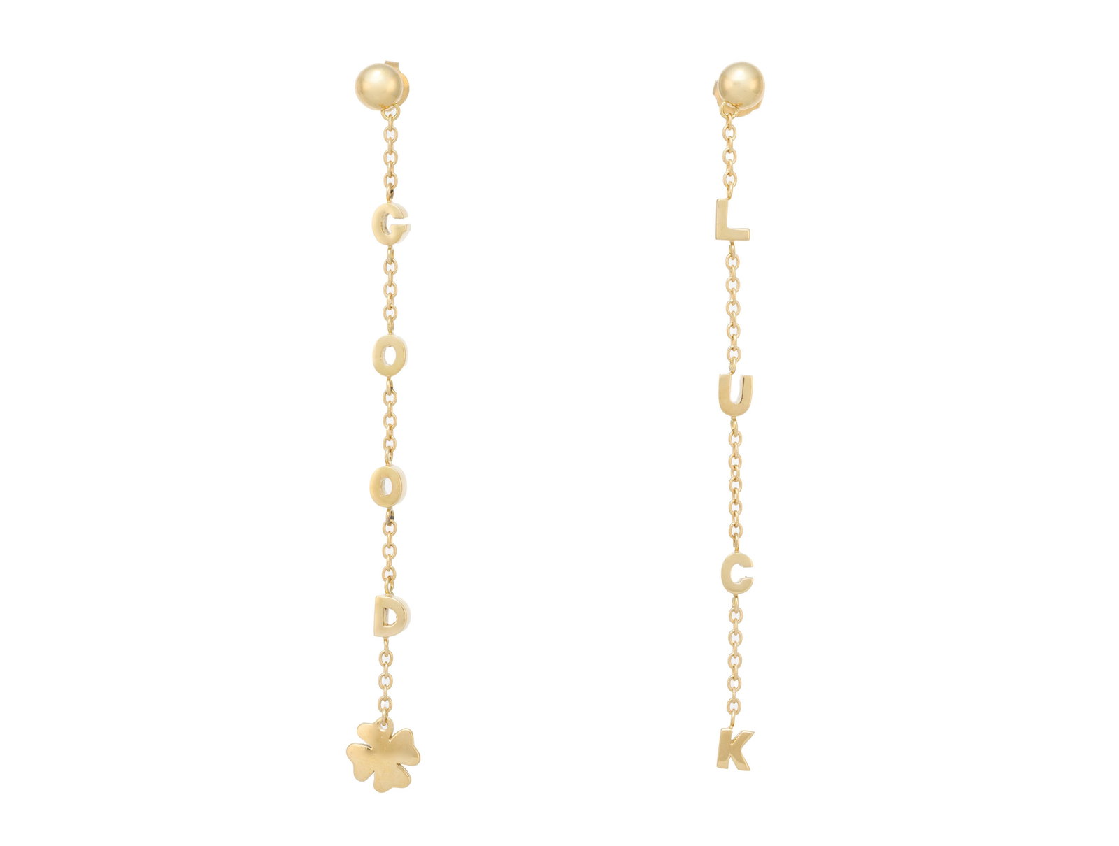 Paire de pendants d’oreilles or 750 en cascade de lettres 'GOOD' et 'LUCK', long. 9.5 cm, 11g (1 of 4)