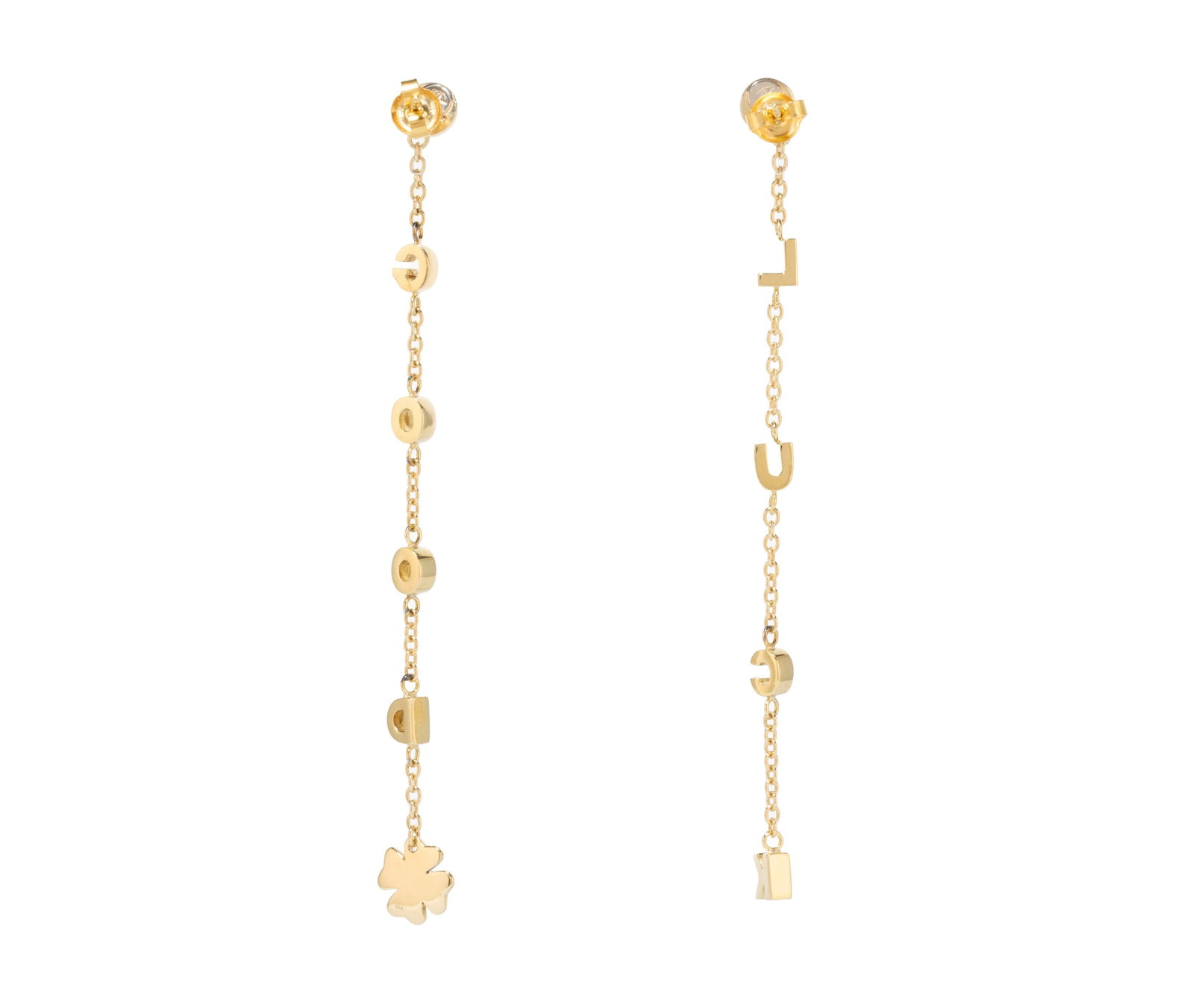 Paire de pendants d’oreilles or 750 en cascade de lettres 'GOOD' et 'LUCK', long. 9.5 cm, 11g - 3