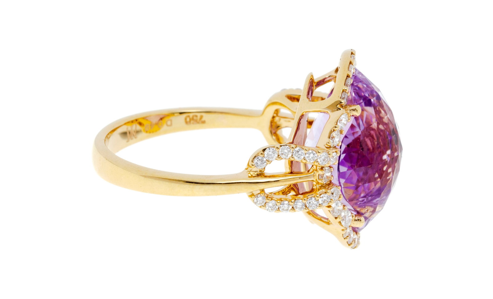 Bague or rose 750 sertie d'une améthyste facettée entourée de diamants taille brillan - 2