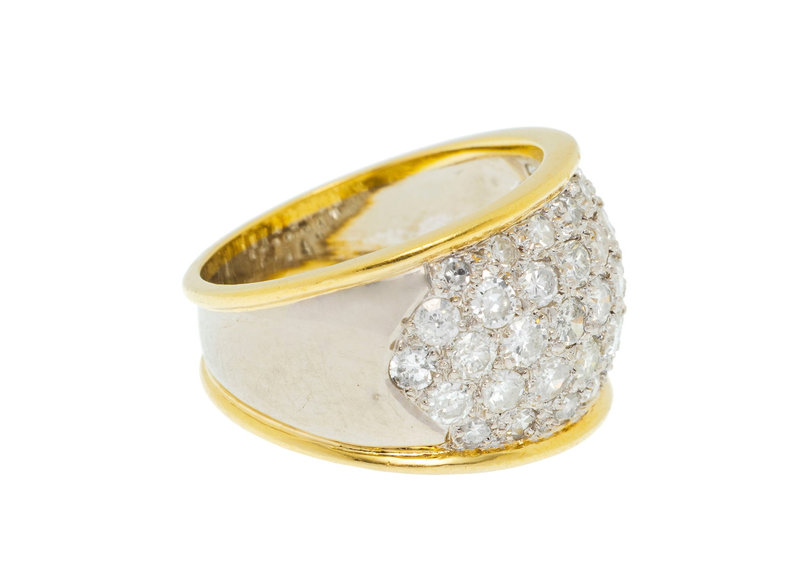 Bague bombée 2 ors 750 sertie de diamants taille brillant et 8/8, doigt 54-14, 7g - 2