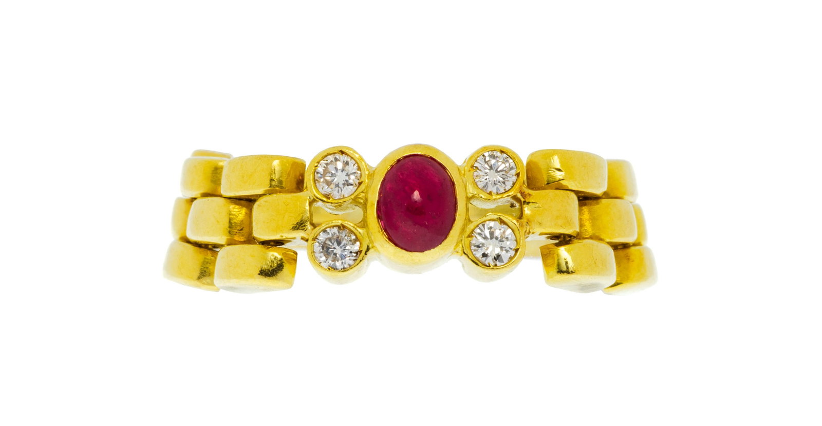 Bague souple or 750 centrant un cabochon de rubis épaulé de diamants taille brillant, doig: Bague souple or 750 centrant un cabochon de rubis épaulé de diamants taille brillant, doigt 56-16, 5g Condition Monture: Bon état de conservation général. Présence de nom