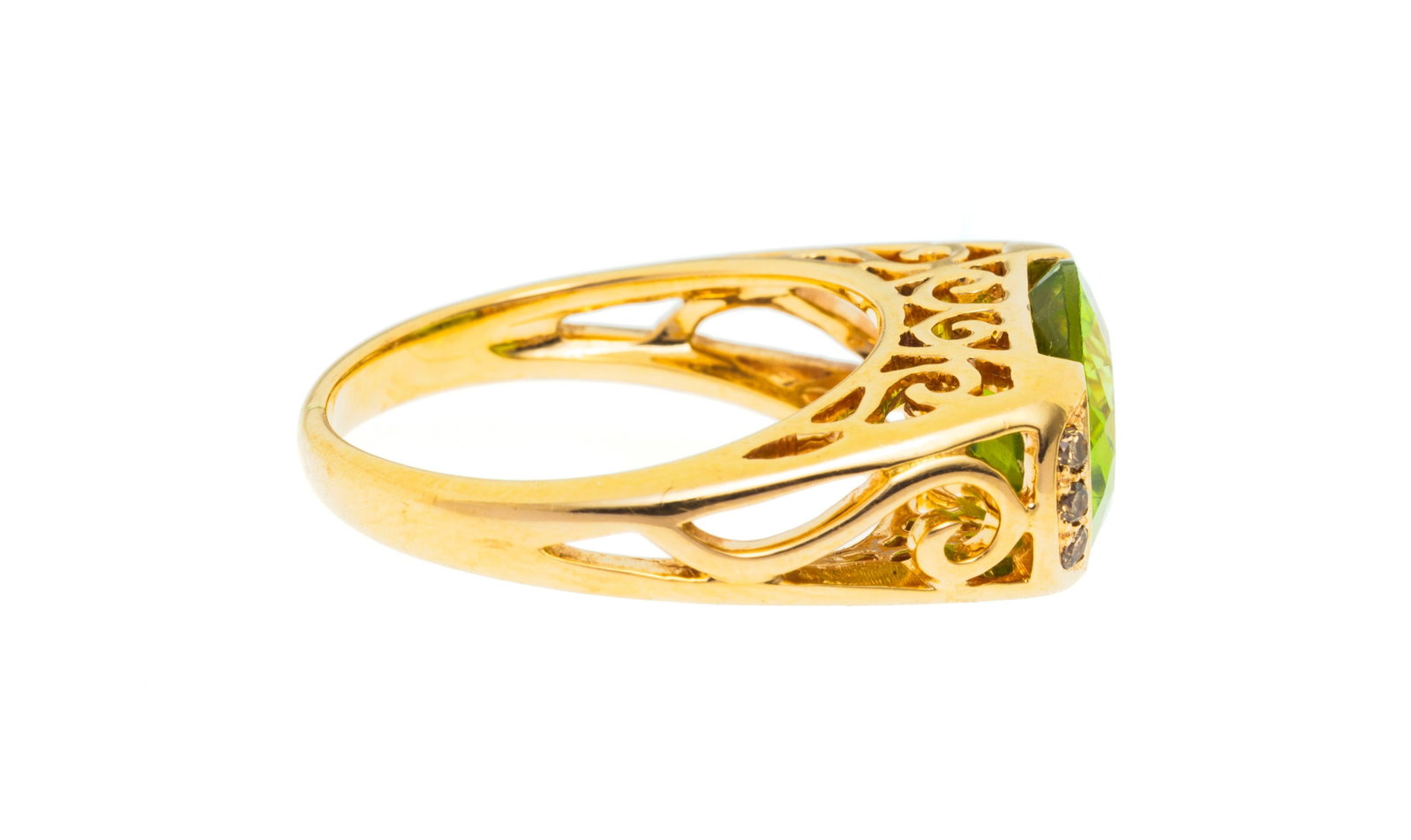 Bague or rose 750 ajouré sertie d'un péridot ovale épaulé de diamants bruns tail - 2