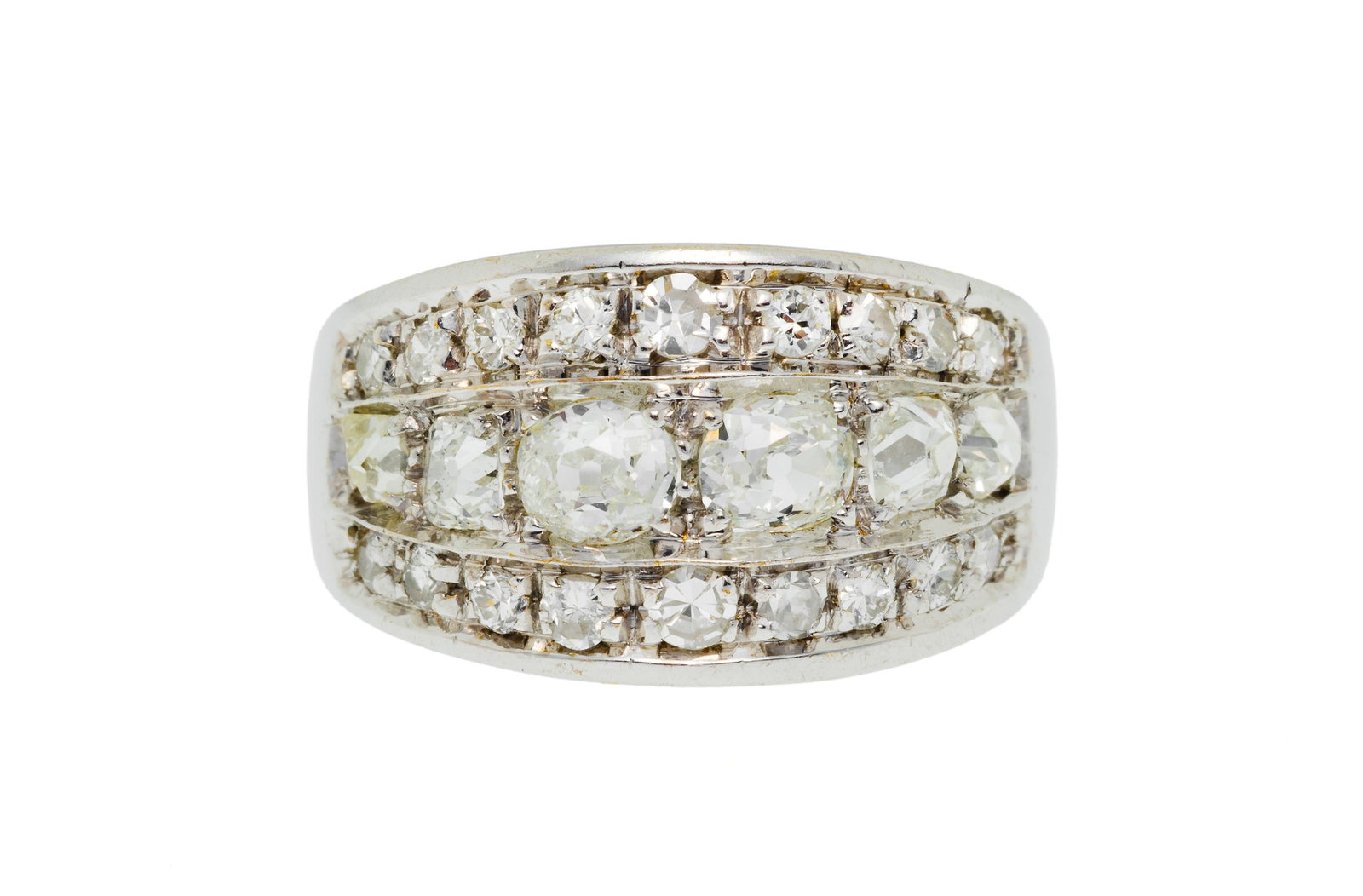 Bague or gris 750 sertie de lignes de diamants taille ancienne et 8/8, doigt 50-10, 5g (1 of 4)