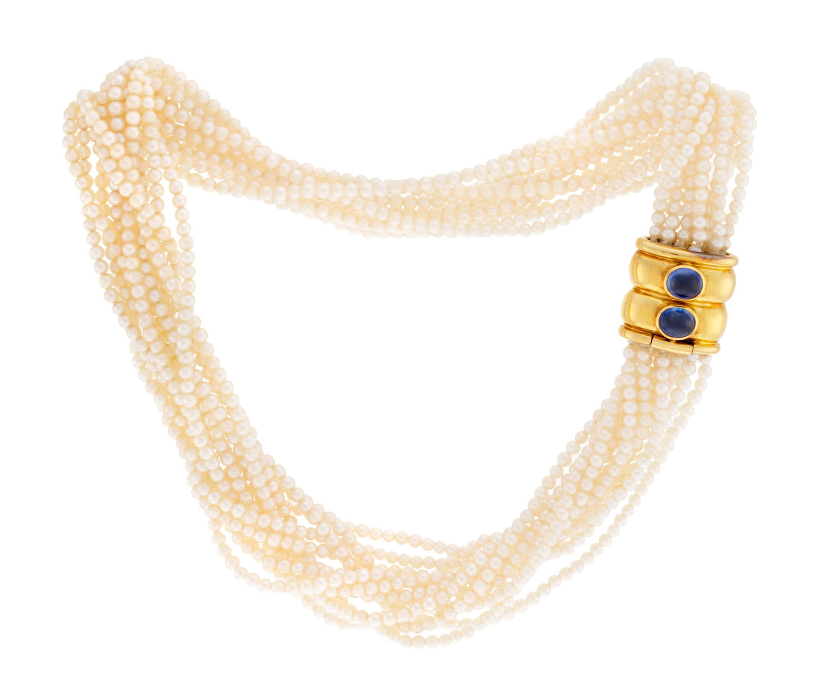 Collier multi-rangs de perles de culture blanches, fermoir en or 750 godronné serti de deux cab (1 of 3)