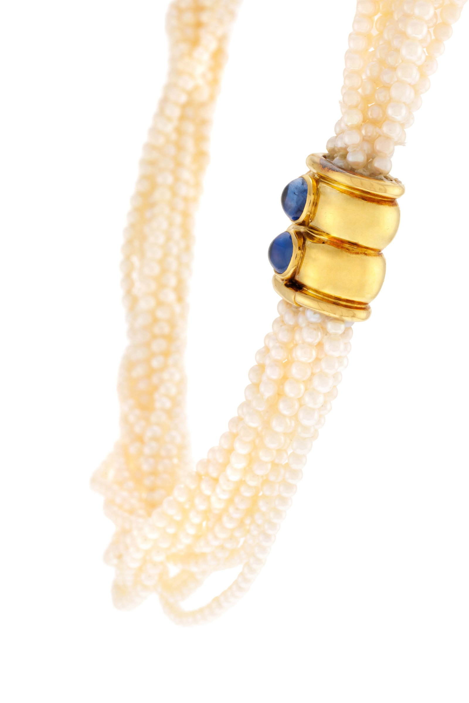 Collier multi-rangs de perles de culture blanches, fermoir en or 750 godronné serti de deux cab - 2