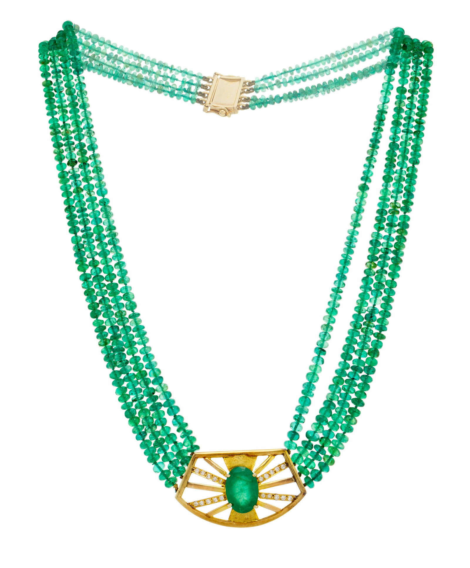 Collier de 4 rangs de billes d'émeraude en chute retenant un centre en or 750 ajouré serti: Collier de 4 rangs de billes d'émeraude en chute retenant un centre en or 750 ajouré serti d'une émeraude ovale entourée de lignes de diamants taille brillant, long. 41 cm, 38g