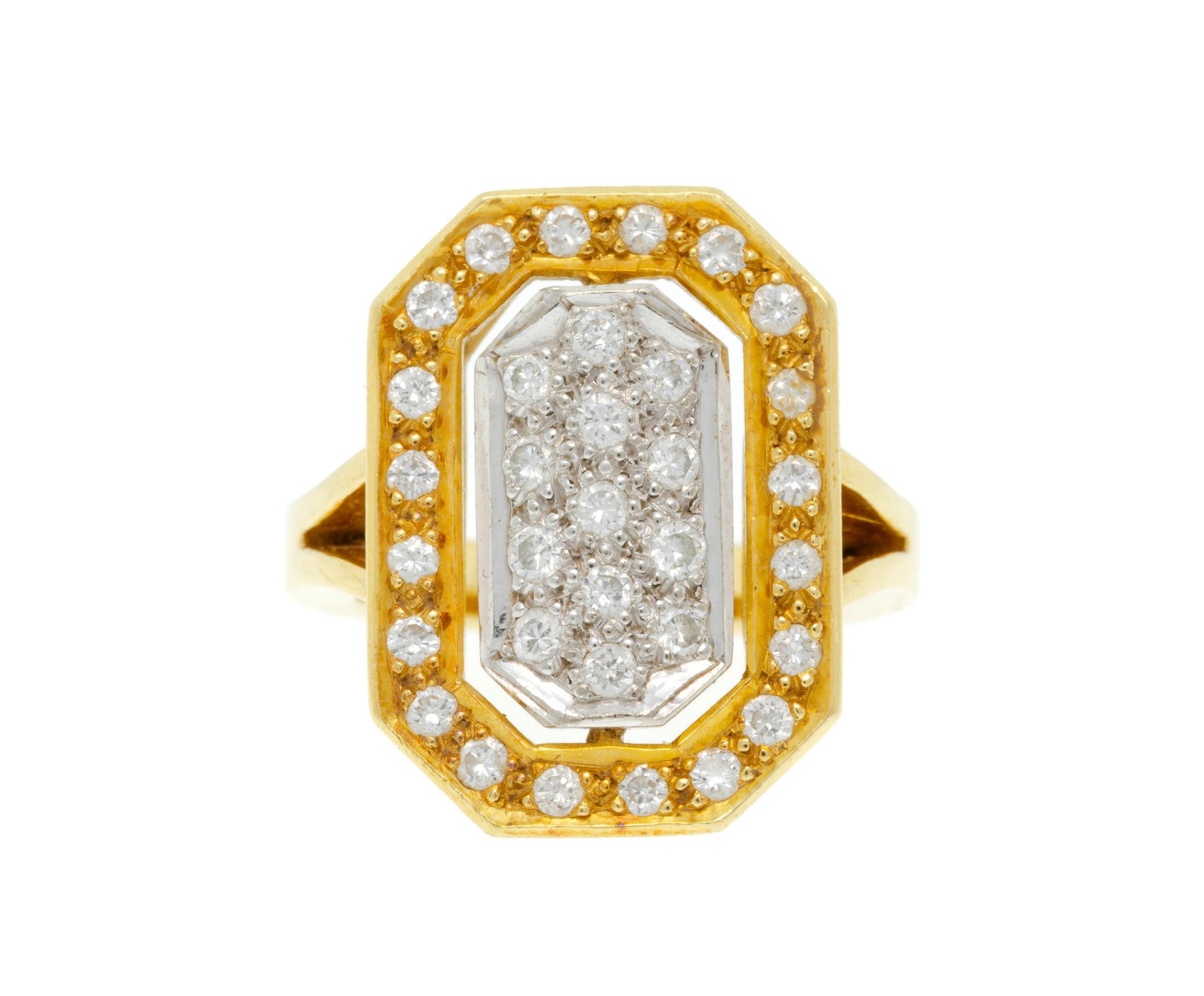 Bague 2 ors 750 de forme octogonale sertie de diamants taille brillant, doigt 47-7, 8g: Bague 2 ors 750 de forme octogonale sertie de diamants taille brillant, doigt 47-7, 8g Condition Bon état de conservation général. Présence de rayures et micro rayures d'usage