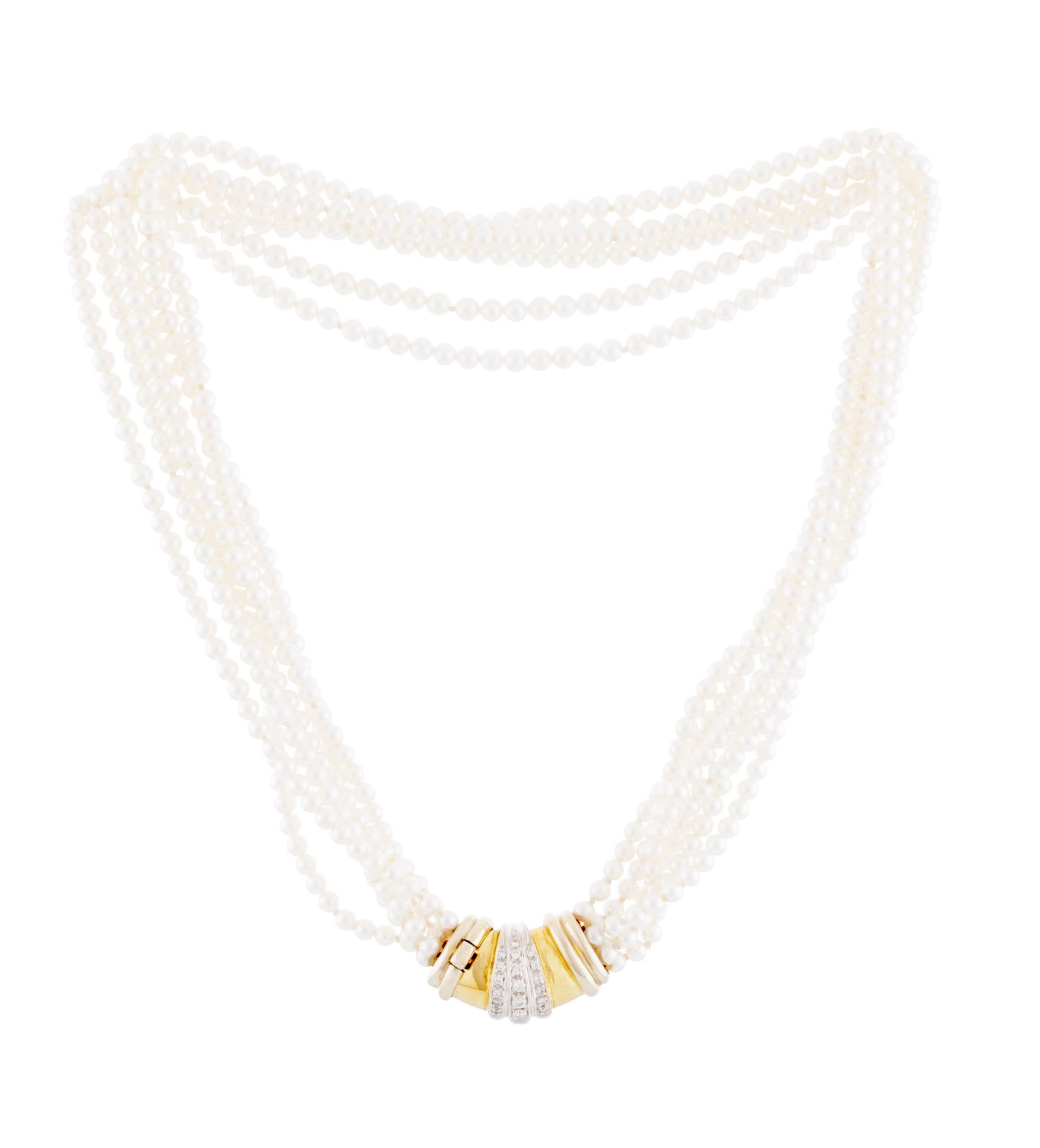 Collier composé de 6 rangs de perles de culture blanches, fermoir 2 ors 750 serti de diamants t (1 of 4)