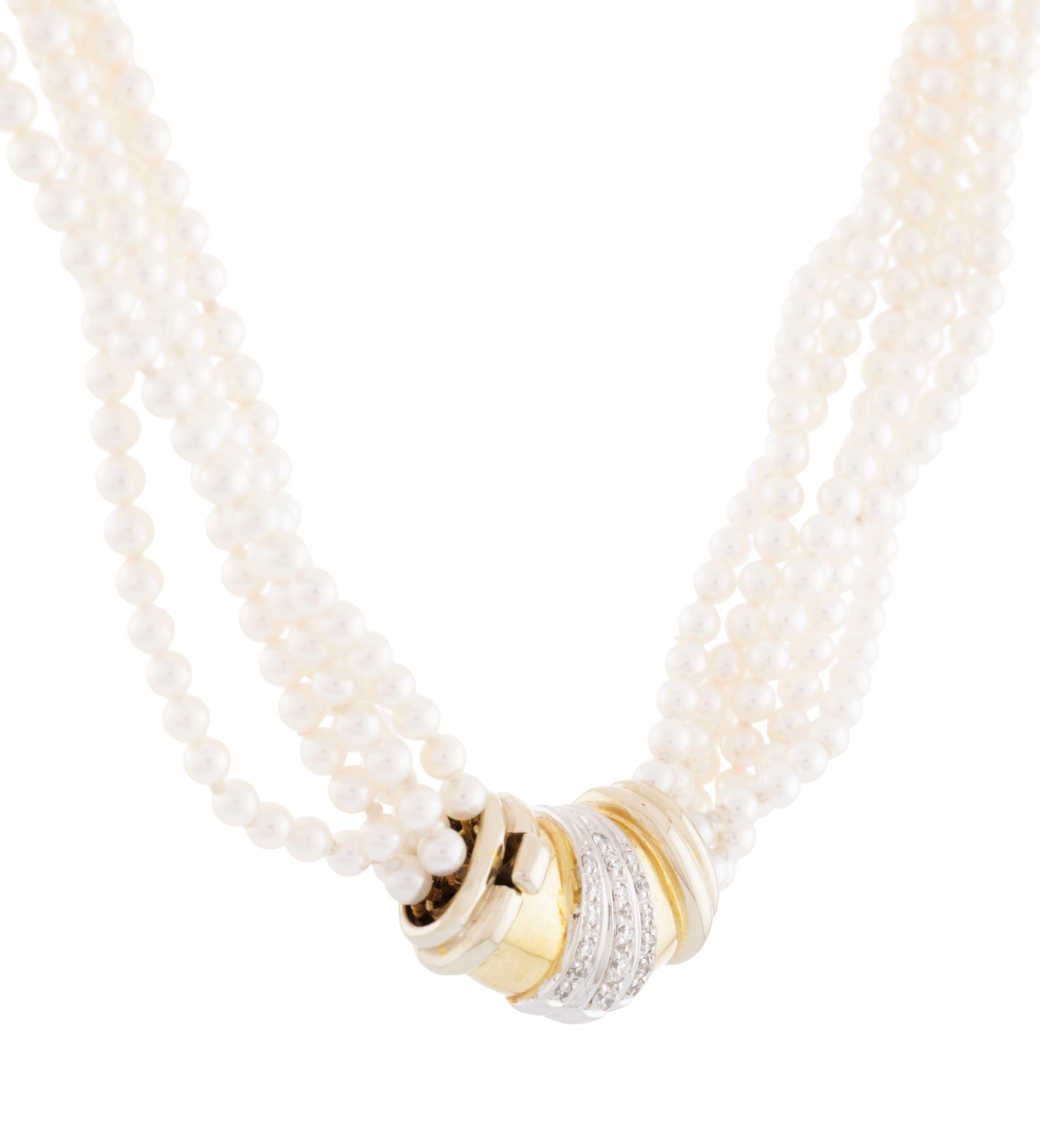 Collier composé de 6 rangs de perles de culture blanches, fermoir 2 ors 750 serti de diamants t - 2