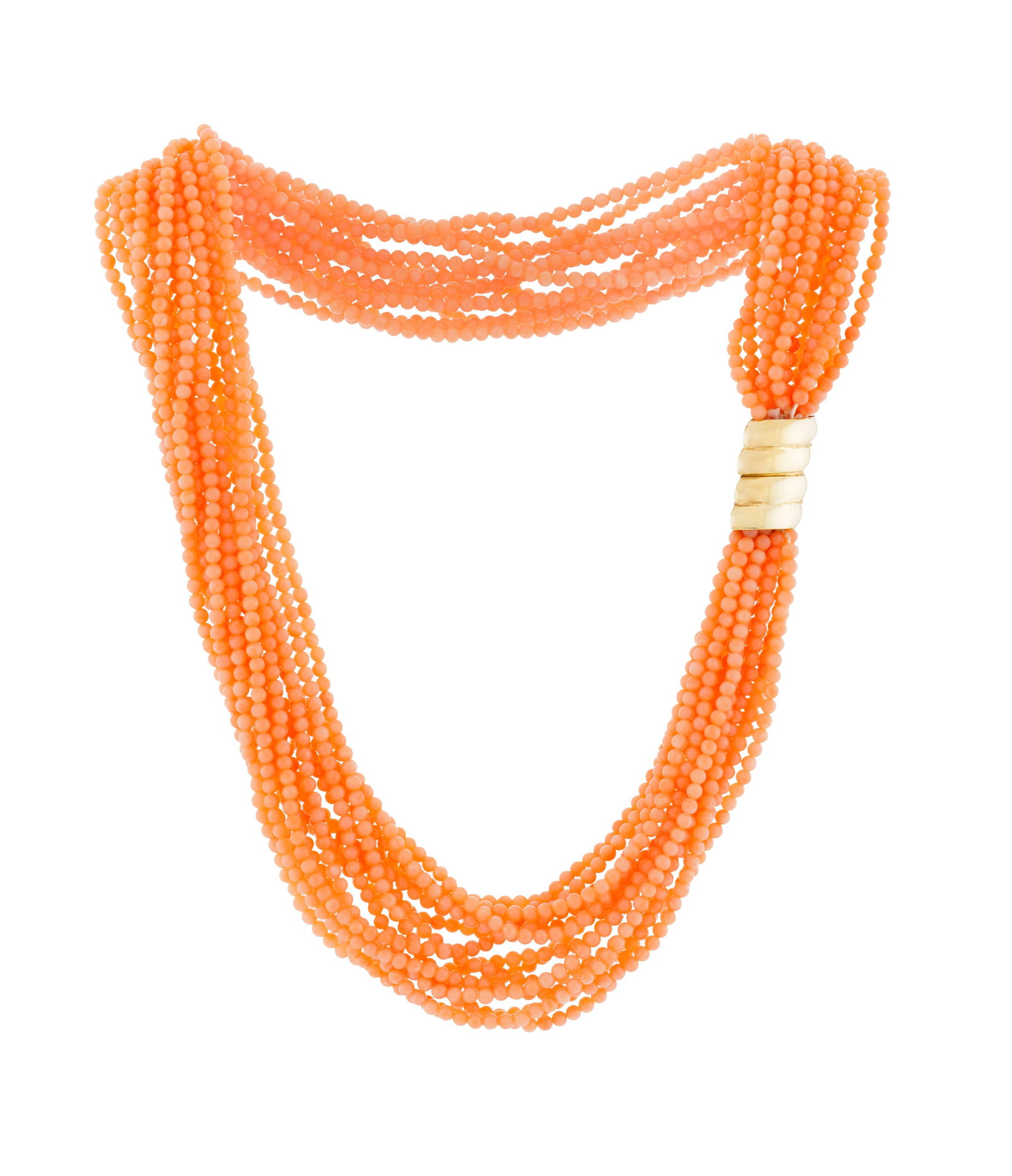 Collier multi-rangs de billes de corail rose, fermoir en or 750 godronné, long. 44.5 cm \+ D: Collier multi-rangs de billes de corail rose, fermoir en or 750 godronné, long. 44.5 cm + Des restrictions d’exportation ou d’expédition peuvent s’appliquer à ce lot.