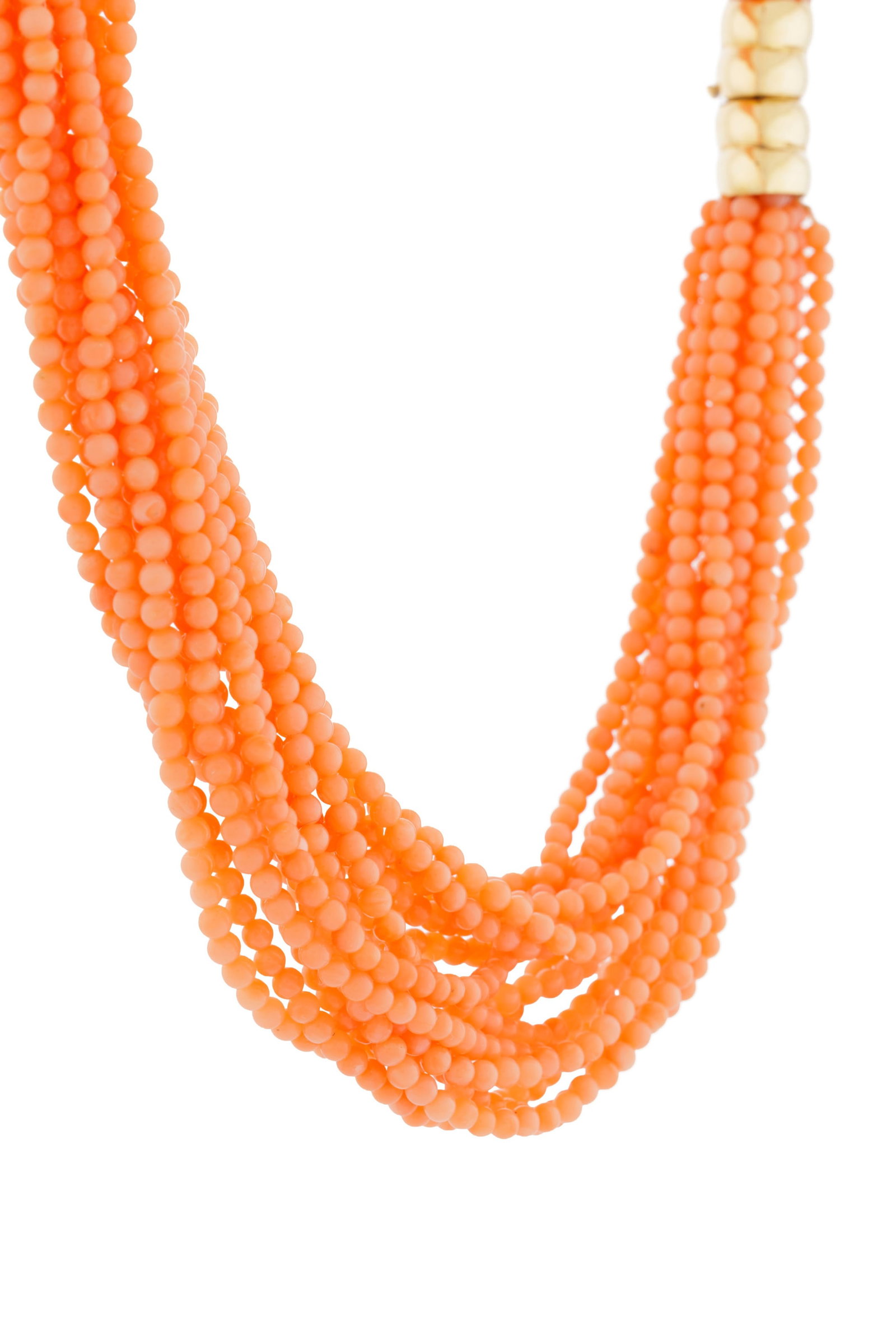 Collier multi-rangs de billes de corail rose, fermoir en or 750 godronné, long. 44.5 cm \+ D - 2