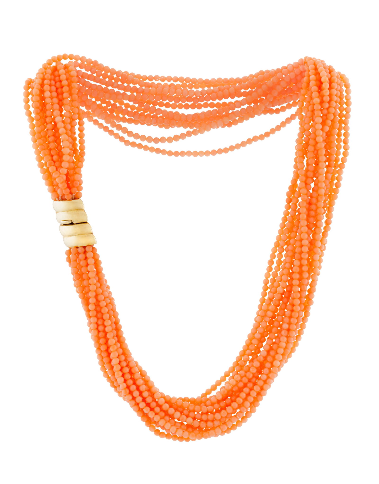Collier multi-rangs de billes de corail rose, fermoir en or 750 godronné, long. 44.5 cm \+ D - 3