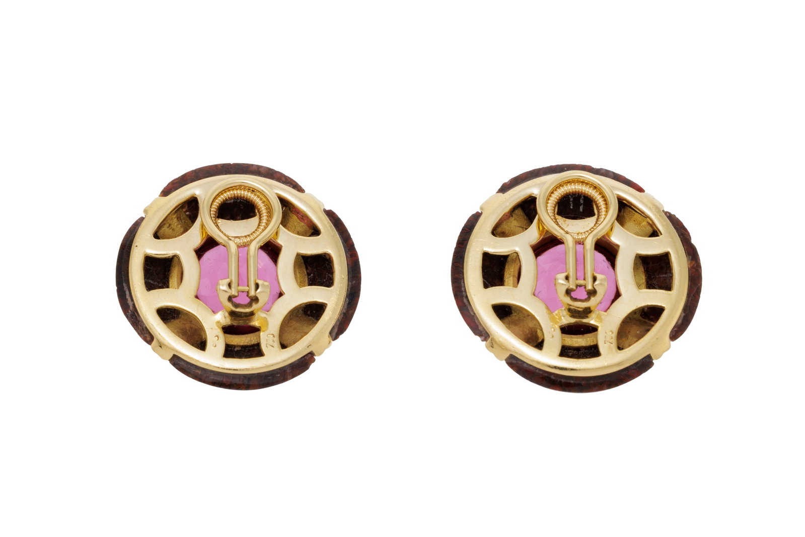 Paire de clips d'oreilles or 750 sertis de tourmalines roses taille buff-top entourées de plaqu - 3