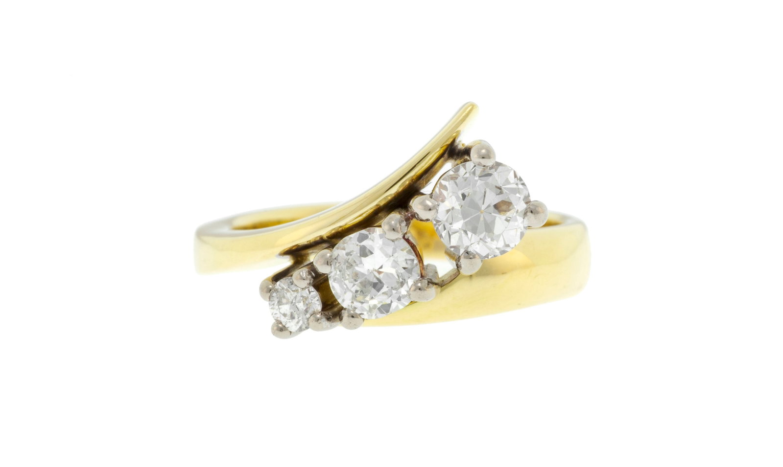 Bague 2 ors 750 sertie de 3 diamants taille brillant en chute, doigt 52-12, 5g (1 of 4)