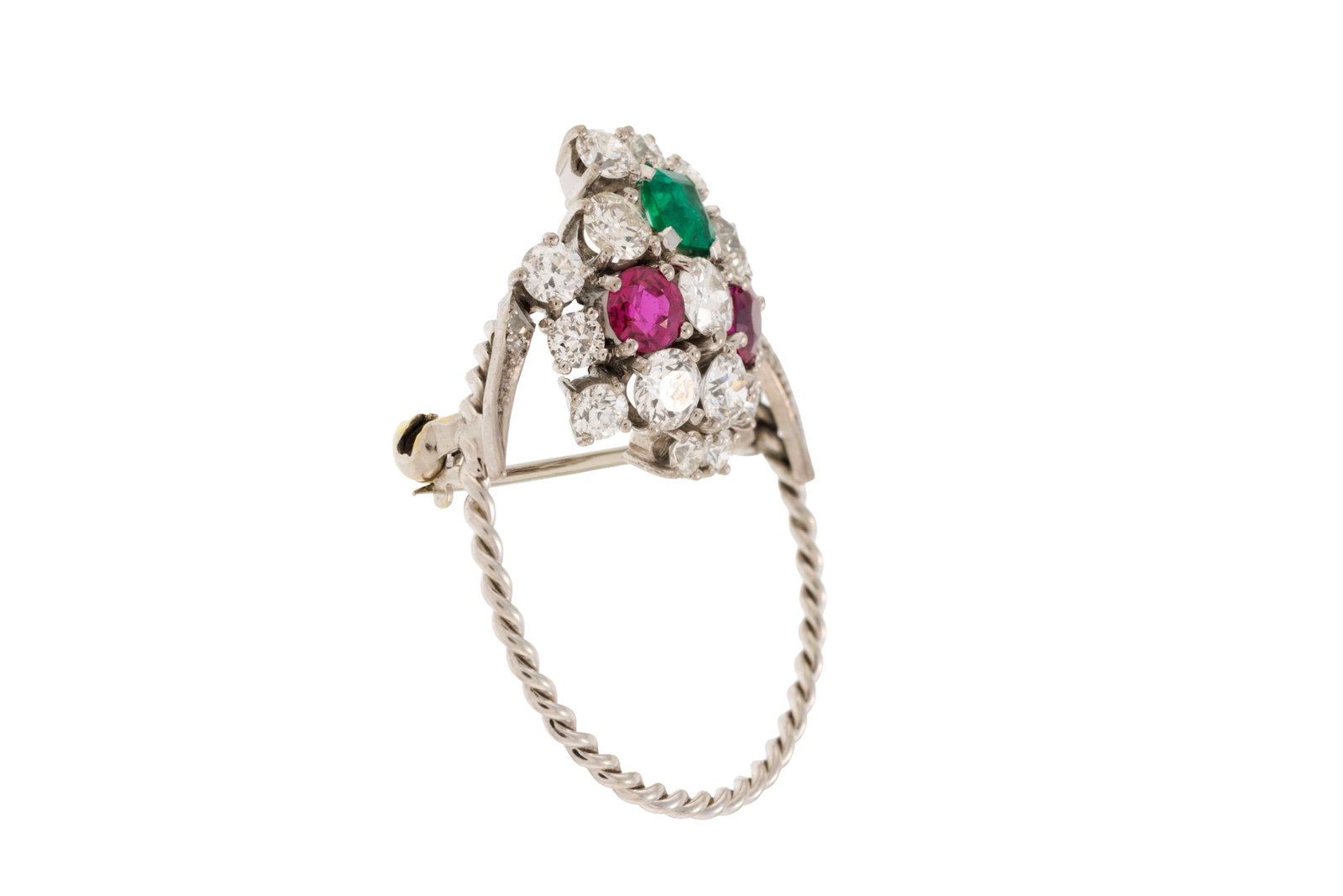 Broche circulaire or gris 375 torsadé sertie d'une émeraude, de rubis ainsi que de diamant - 2