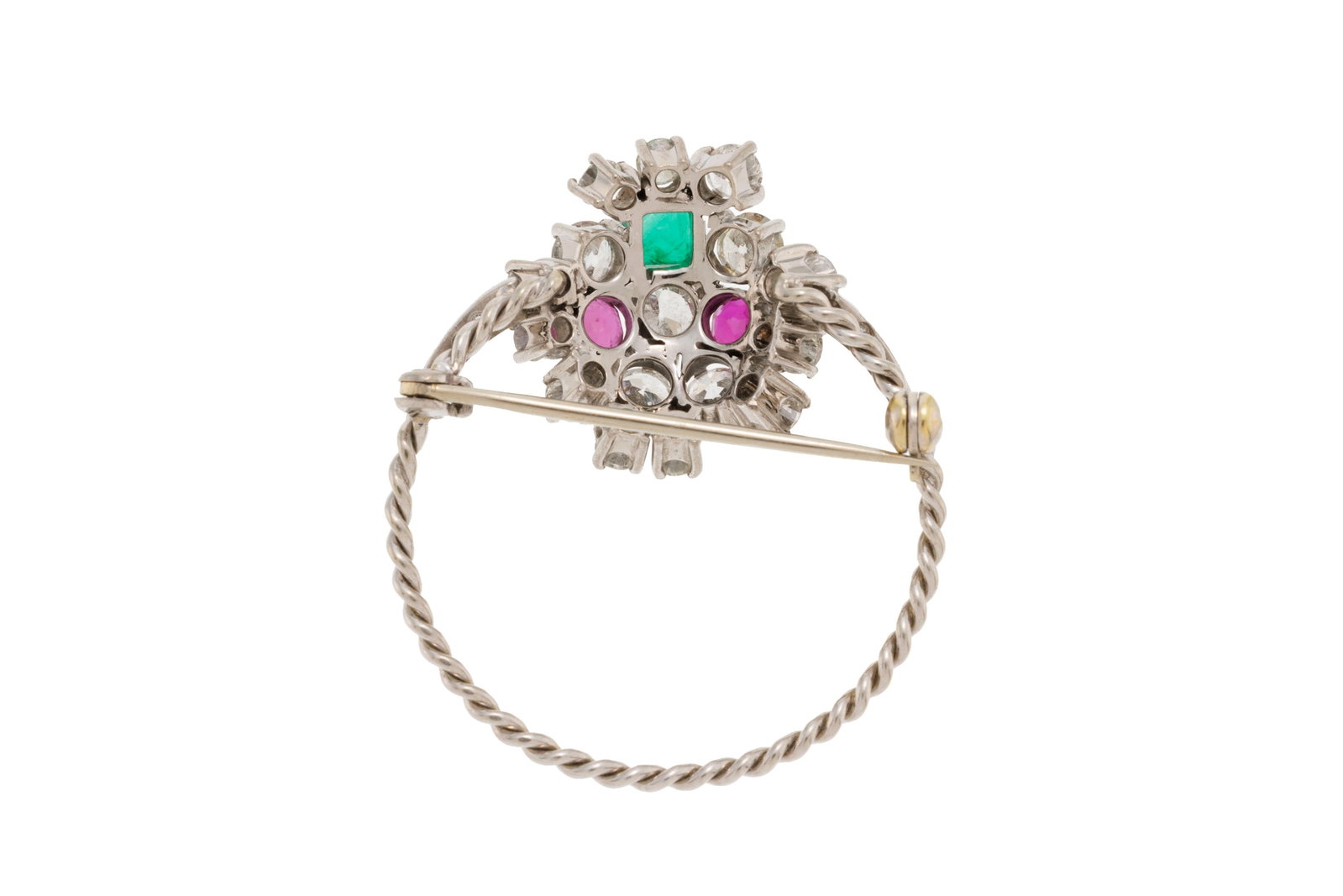 Broche circulaire or gris 375 torsadé sertie d'une émeraude, de rubis ainsi que de diamant - 3