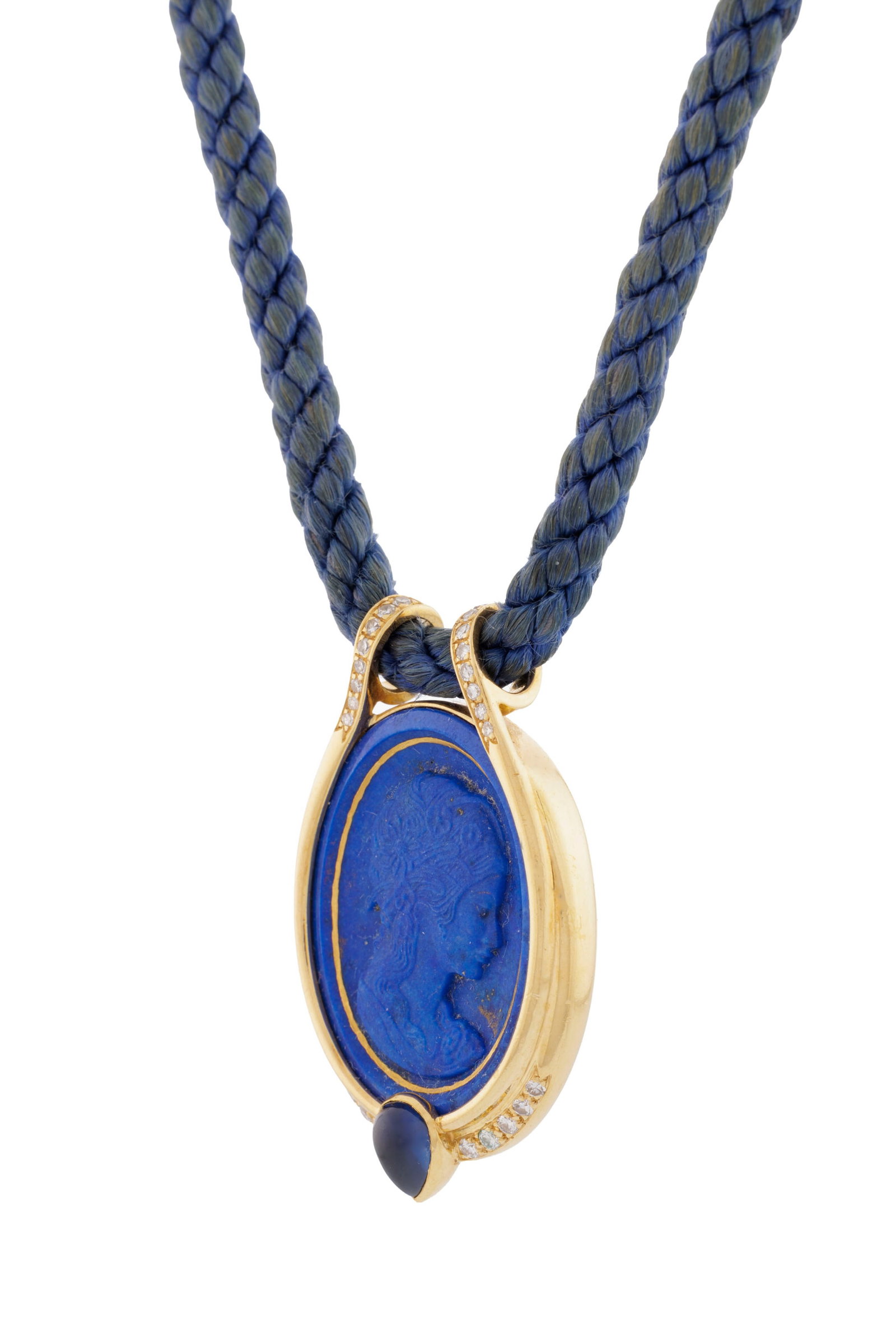 Pendentif or 750 orné d'un camée sur lapis-lazuli représentant un profil féminin - 2