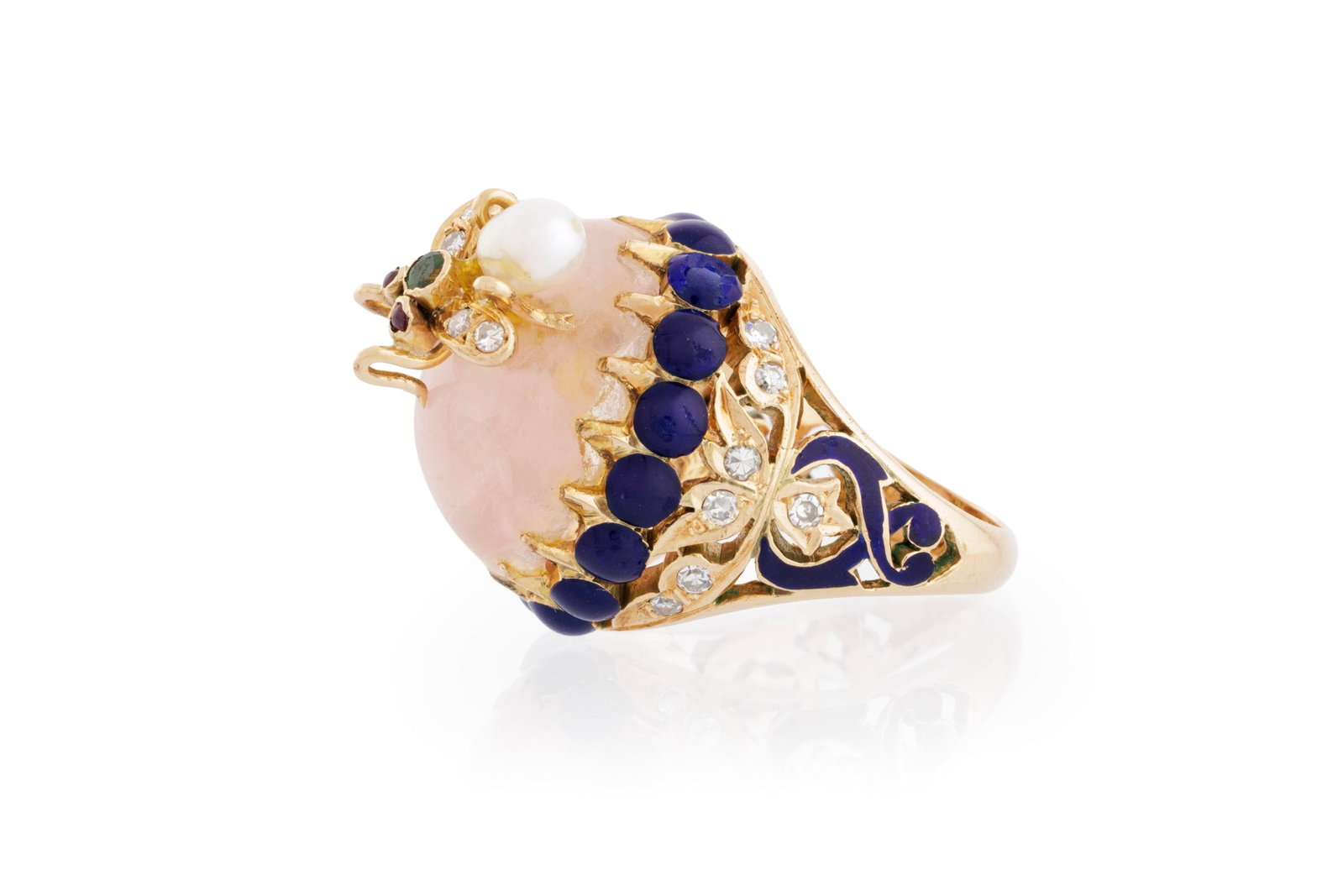 Bague or 585 et émail bleu à décor végétal ajouré et sertie de diamant - 2