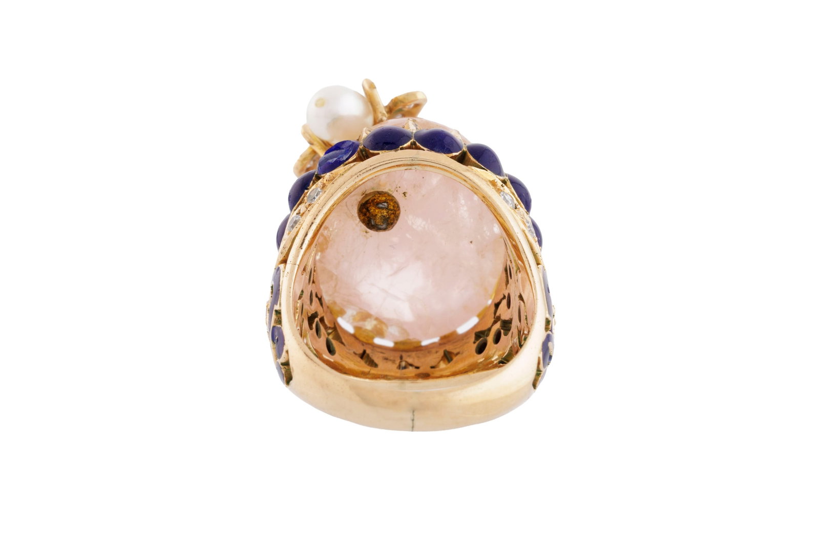Bague or 585 et émail bleu à décor végétal ajouré et sertie de diamant - 3