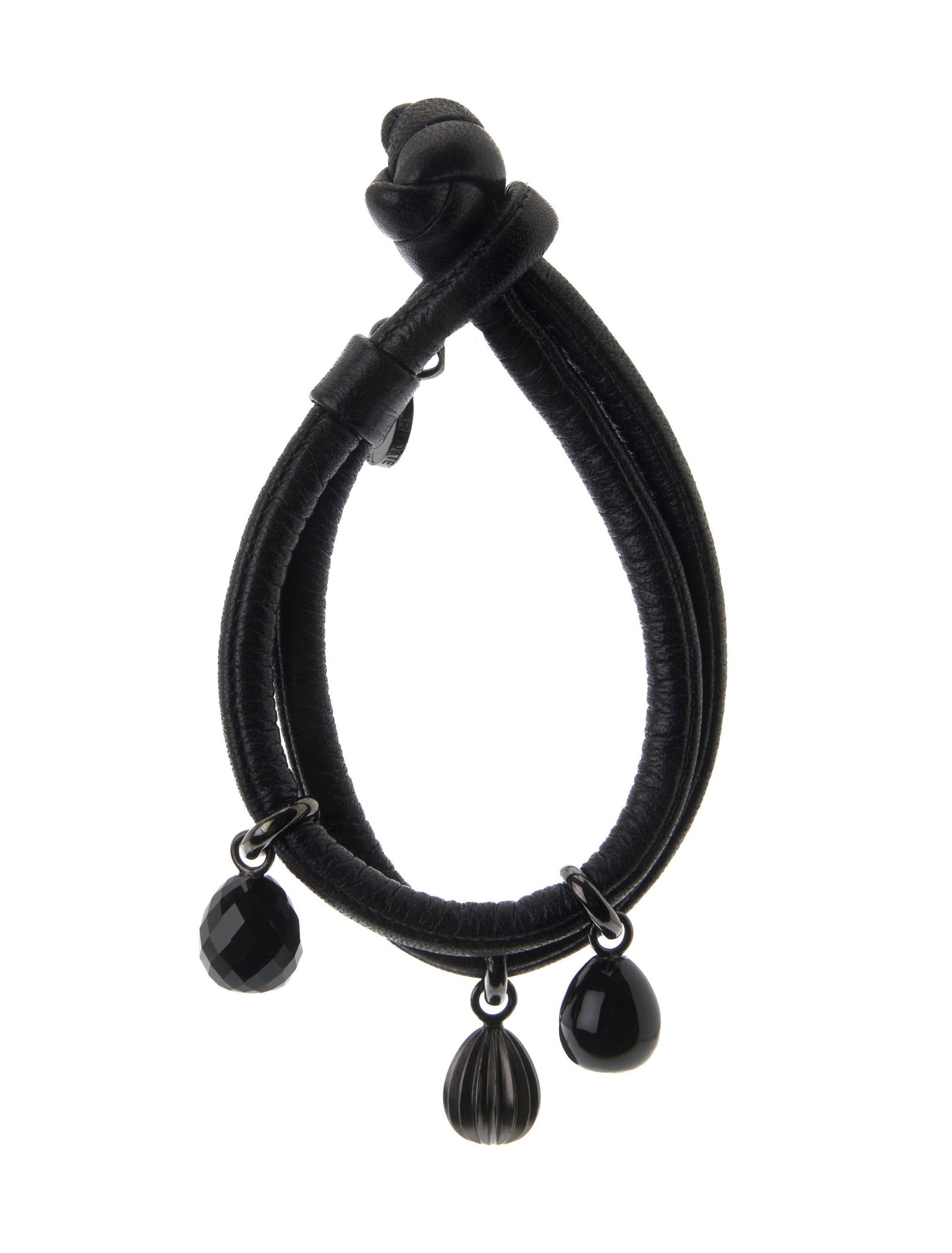 Ole Lynggaard, bracelet en cuir noir retenant des charms en argent noirci et onyx, signés, long (1 of 6)