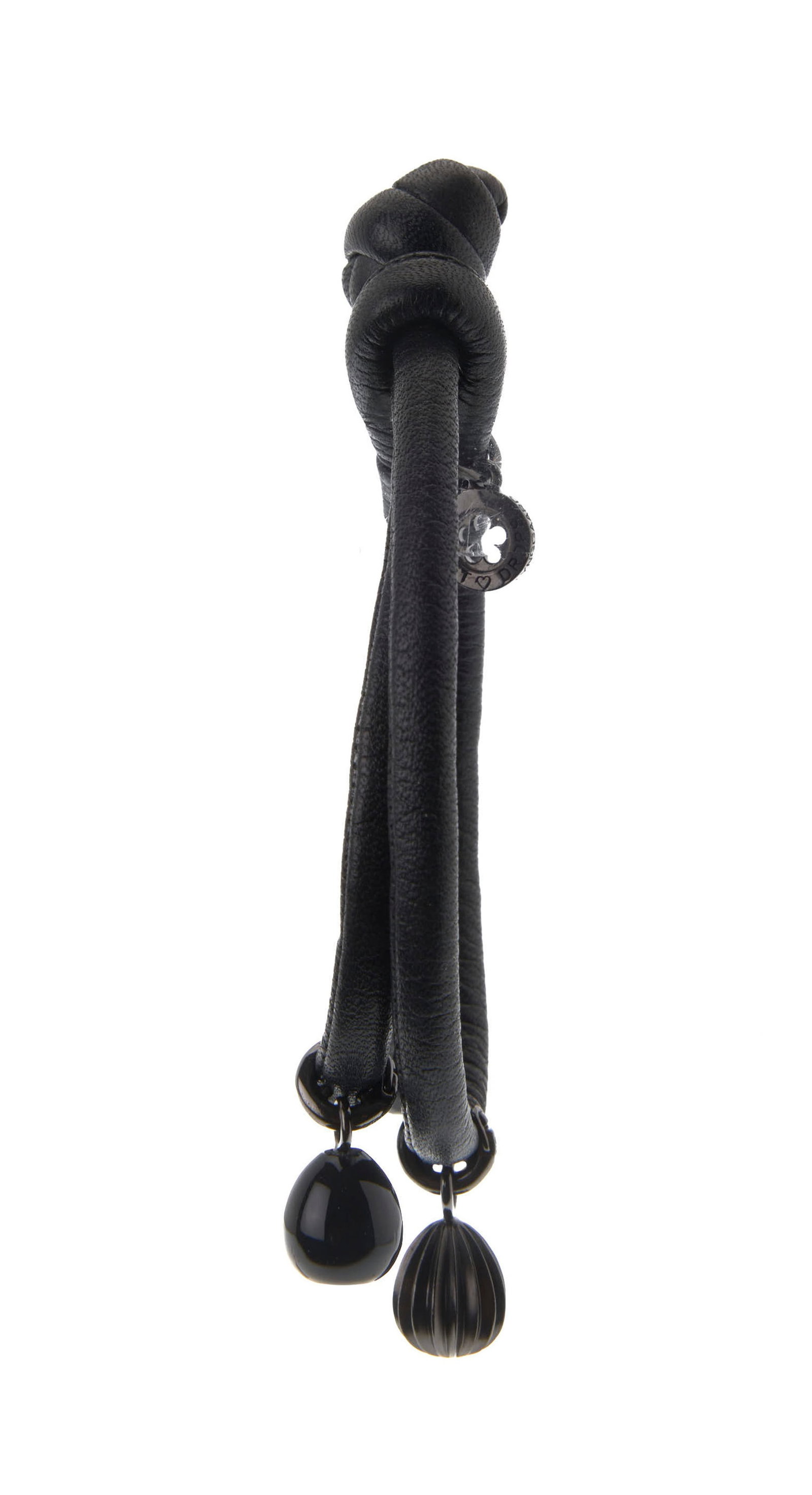 Ole Lynggaard, bracelet en cuir noir retenant des charms en argent noirci et onyx, signés, long - 3
