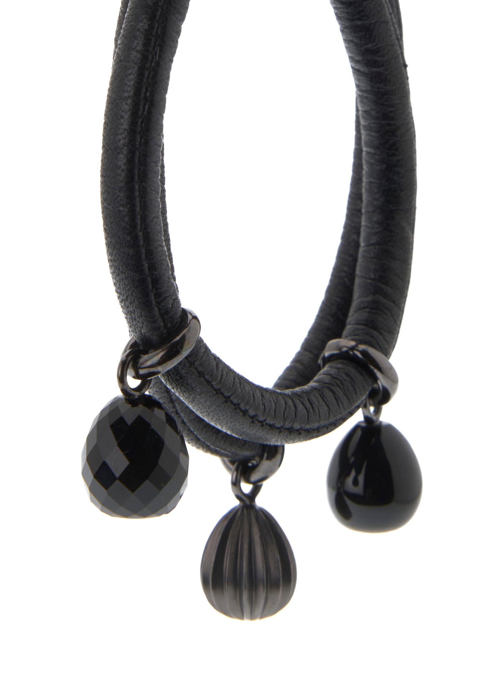 Ole Lynggaard, bracelet en cuir noir retenant des charms en argent noirci et onyx, signés, long - 4