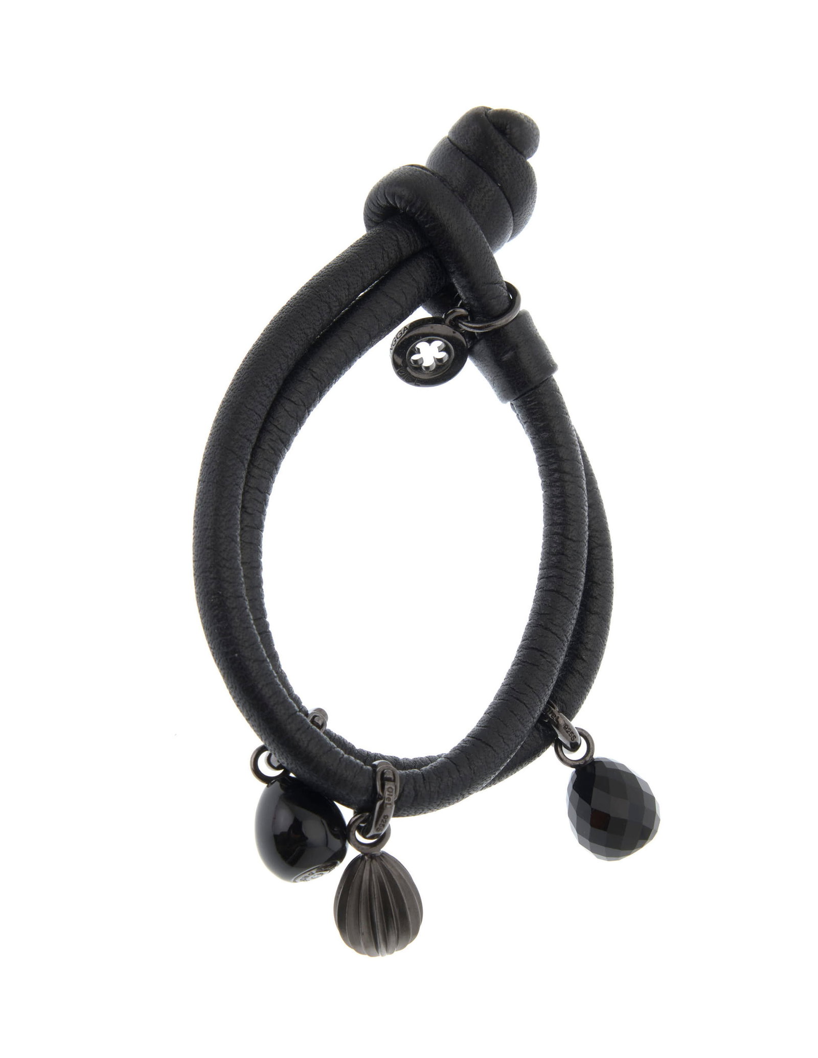 Ole Lynggaard, bracelet en cuir noir retenant des charms en argent noirci et onyx, signés, long - 5