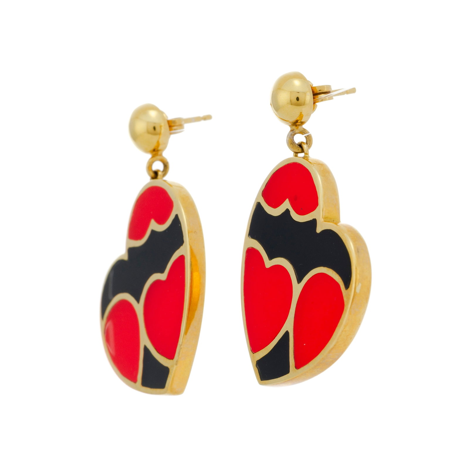 Paire de pendants d'oreilles cœurs or 750 à décor cloisonné de résine rouge - 2