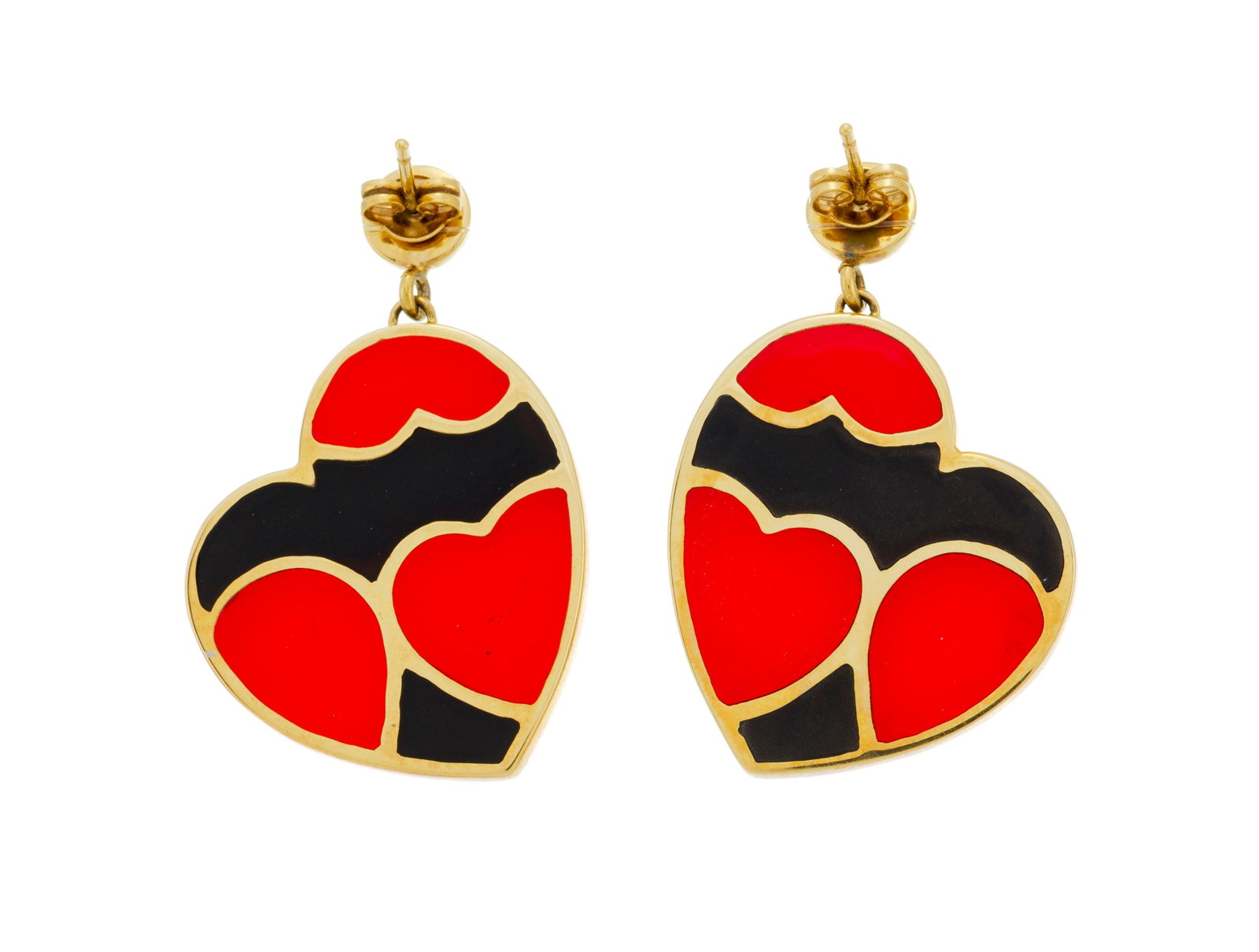 Paire de pendants d'oreilles cœurs or 750 à décor cloisonné de résine rouge - 3