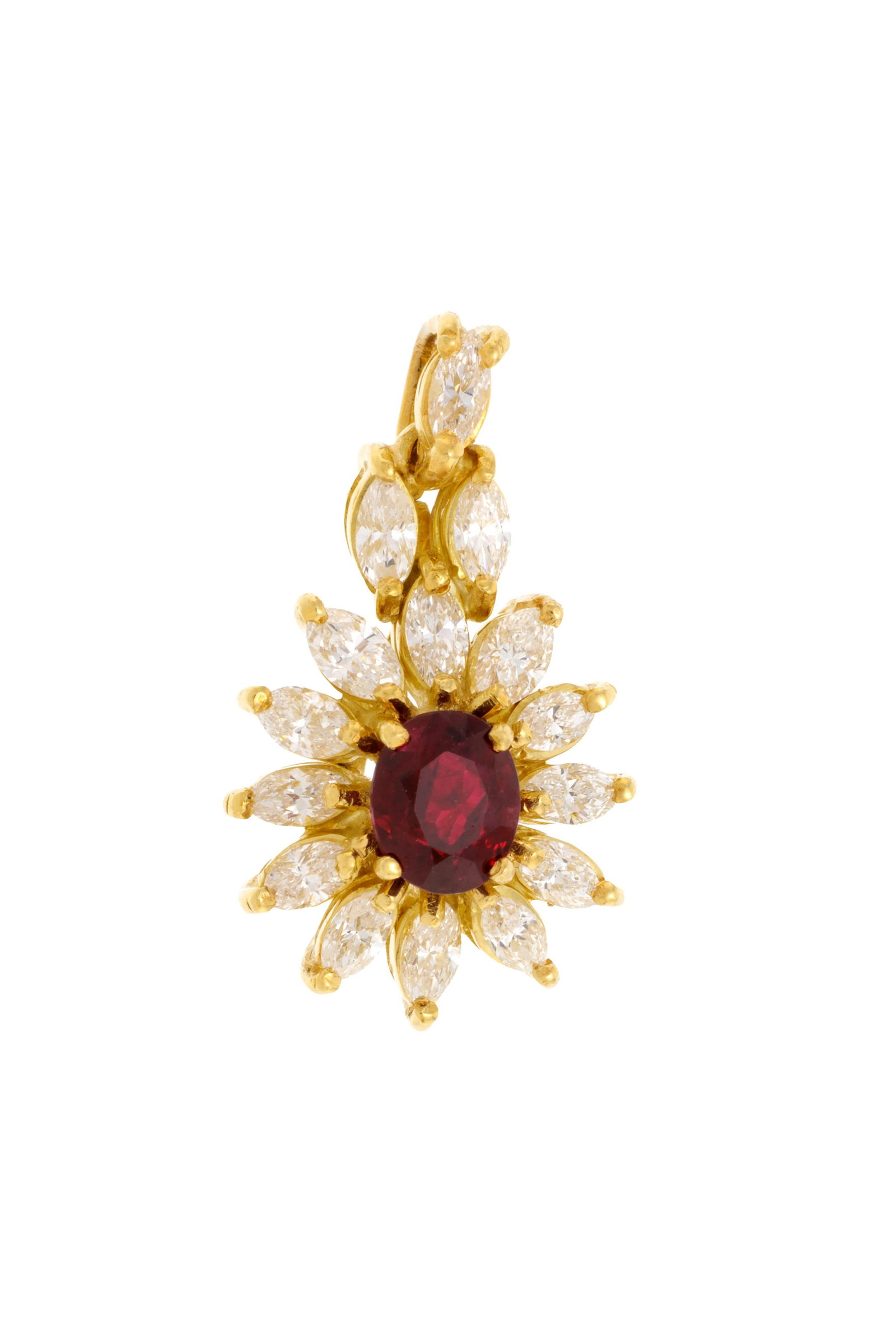 Pendentif or 750 serti d'un rubis ovale entouré de diamants taille marquise, h. 2.2 cm, 3g: Pendentif or 750 serti d'un rubis ovale entouré de diamants taille marquise, h. 2.2 cm, 3g Condition Monture: Bon état de conservation général. Présence de rayures et micro