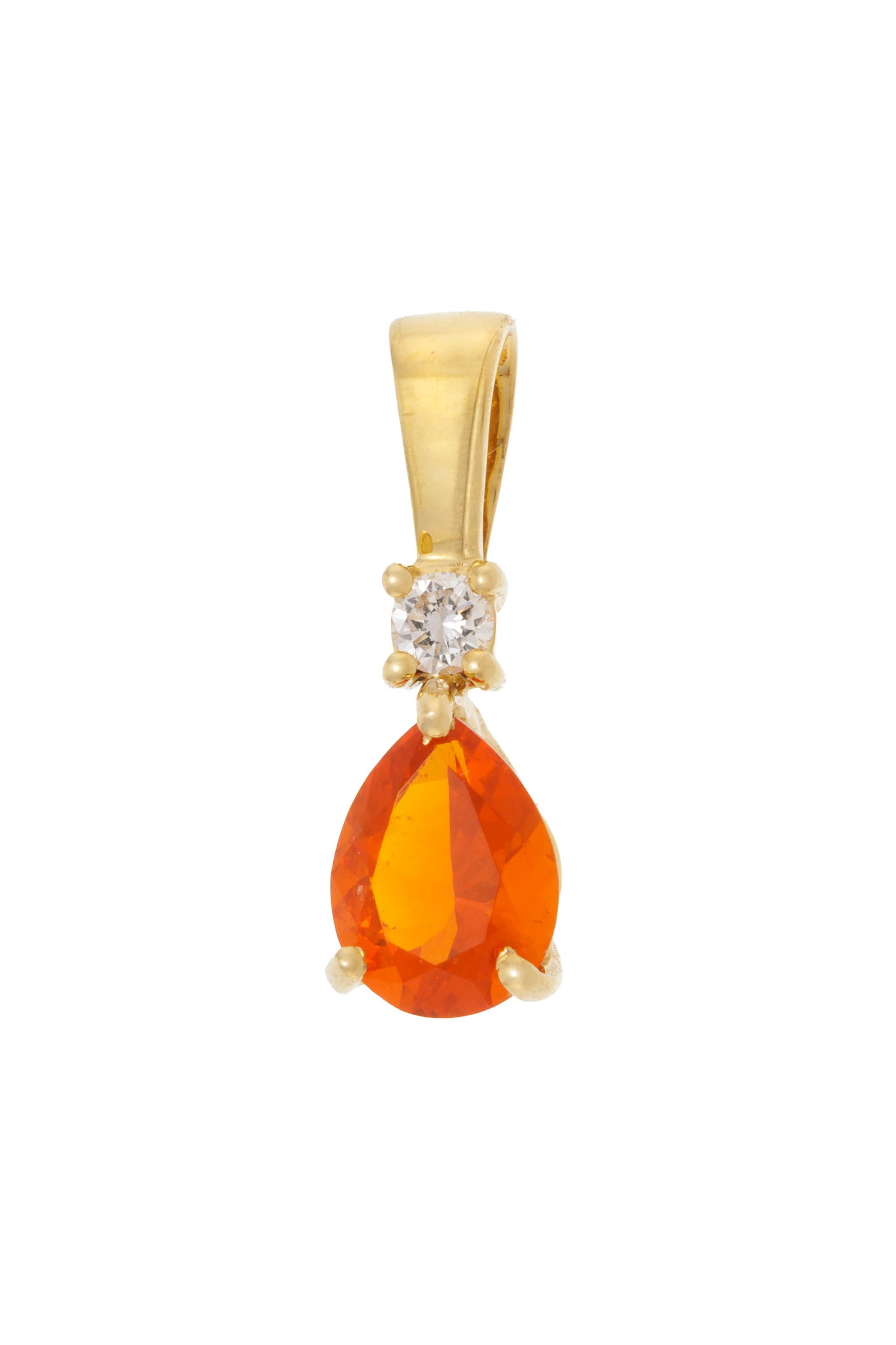 Pendentif or 750 retenant une goutte d’opale de feu surmontée d’un diamant taille b: Pendentif or 750 retenant une goutte d’opale de feu surmontée d’un diamant taille brillant, h. 1.8 cm Condition Très bon état de conservation général.