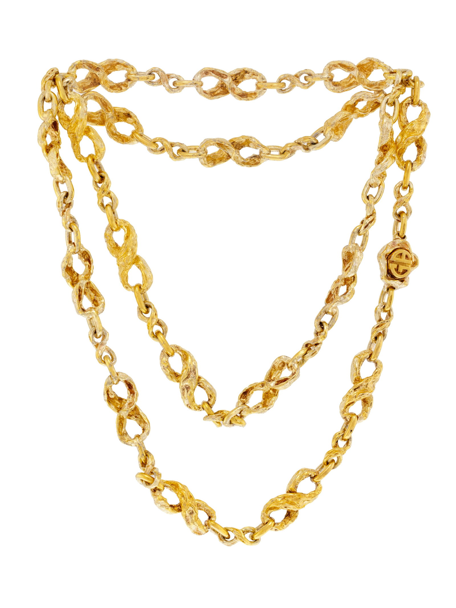 Gilbert Albert, sautoir en vermeil froissé, signé, long. 87 cm: Gilbert Albert, sautoir en vermeil froissé, signé, long. 87 cm Condition Etat bon à moyen. Présence de rayures et de signes d'usure au vermeil.
