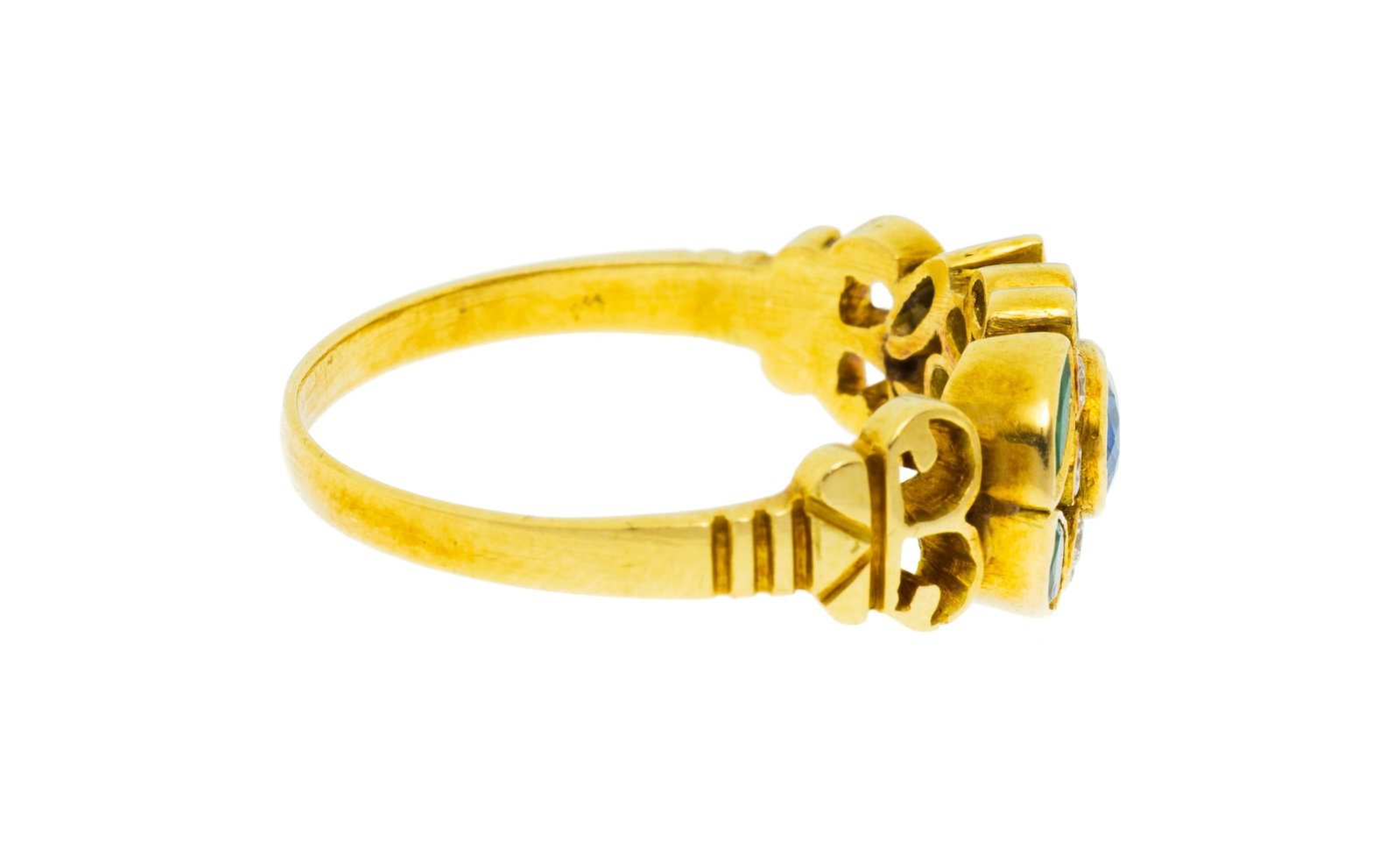 Bague or 750 sertie d'un saphir, de diamants et d'émeraudes formant un motif végétal, - 2
