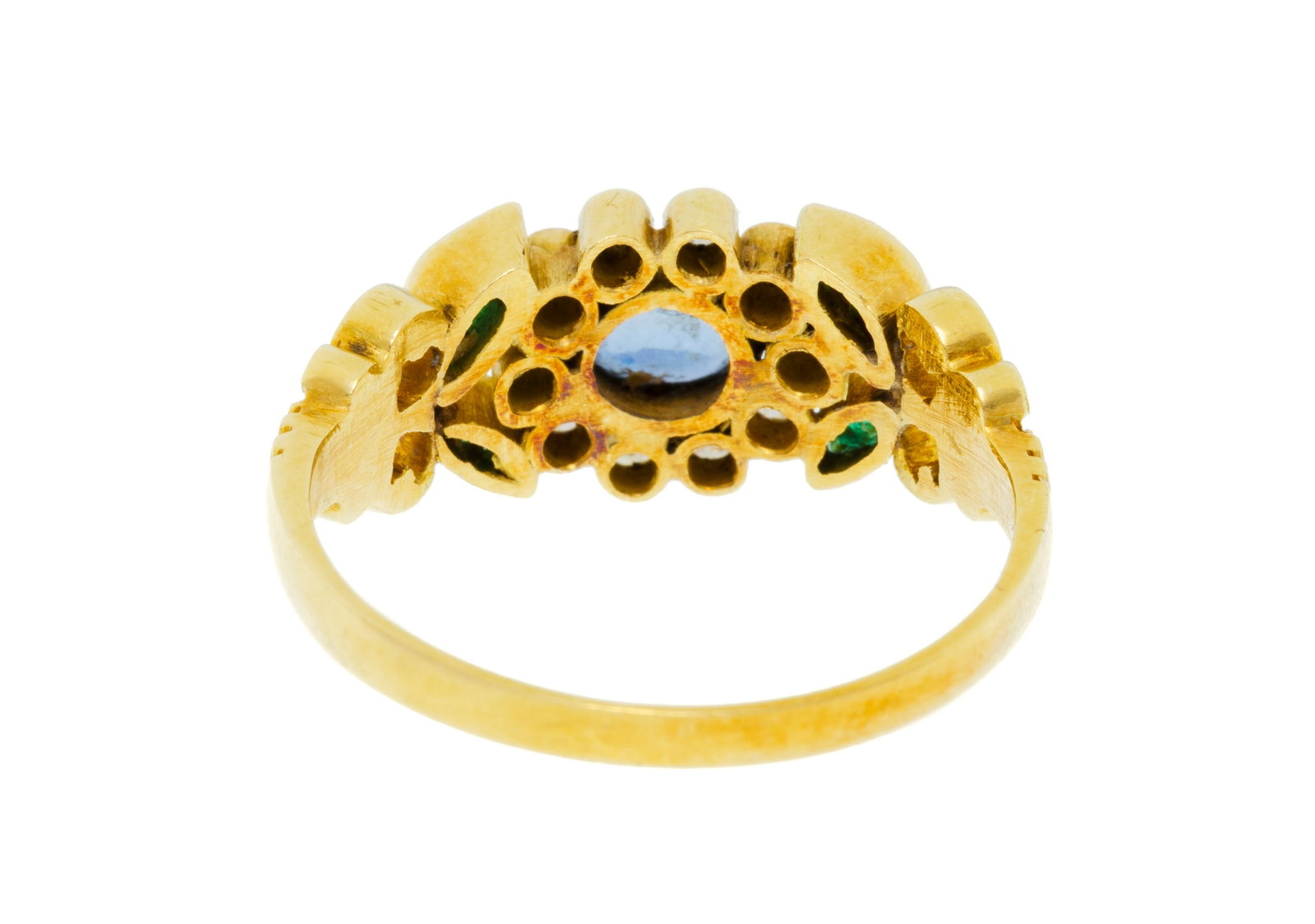 Bague or 750 sertie d'un saphir, de diamants et d'émeraudes formant un motif végétal, - 3