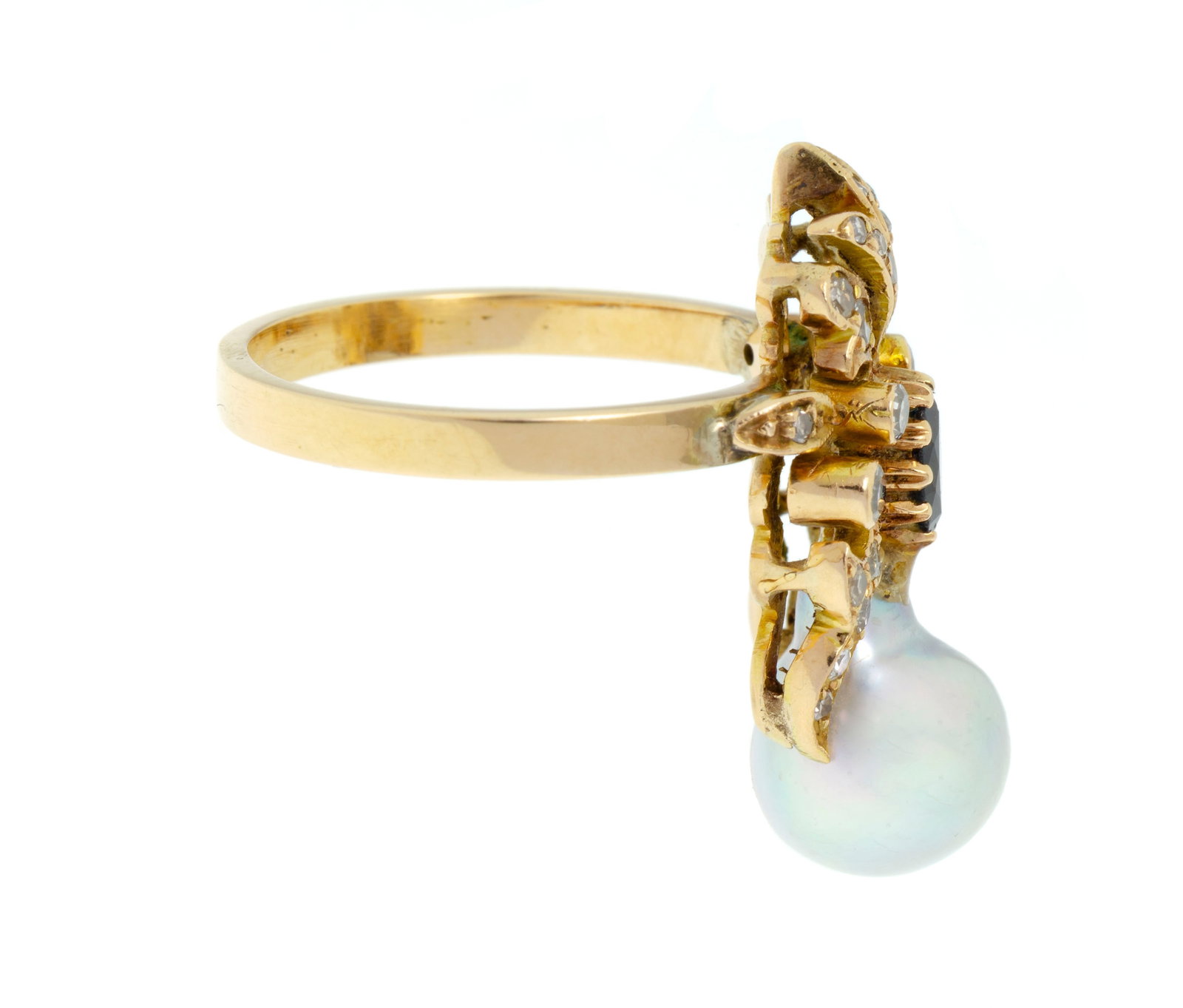 Bague or 750 à motif ajouré serti d'un saphir taille marquise et de diamants taille 8/8 re - 2