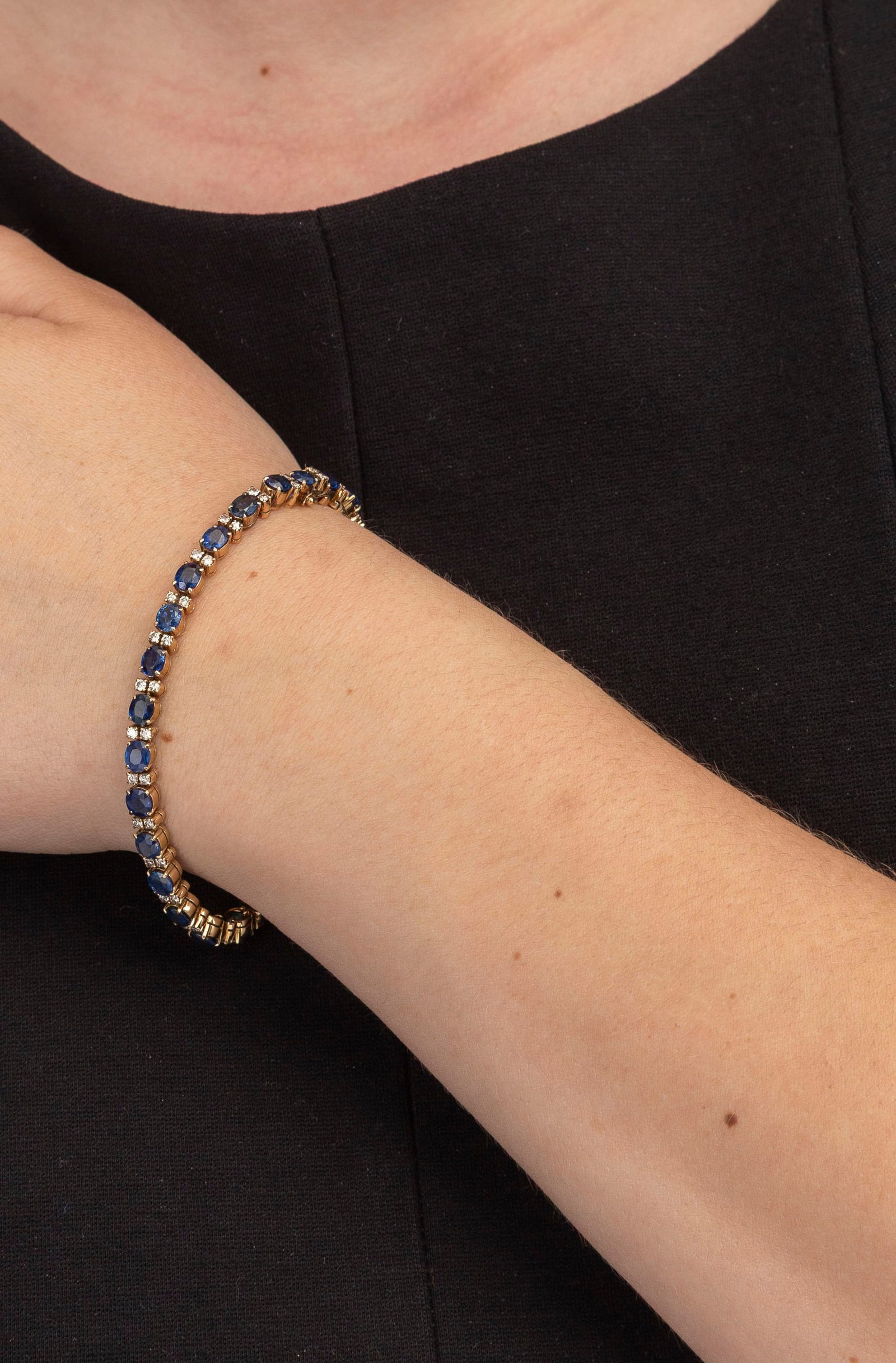 Bracelet rivière or 585 serti de saphirs ovales alternés de diamants taille brillant, long - 3