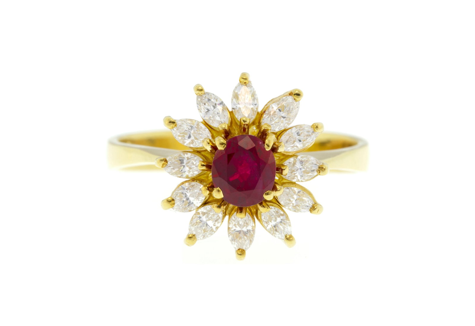 Bague fleur or 750 sertie d'un rubis ovale entouré de diamants taille marquise, doigt 63-23, 5g (1 of 4)