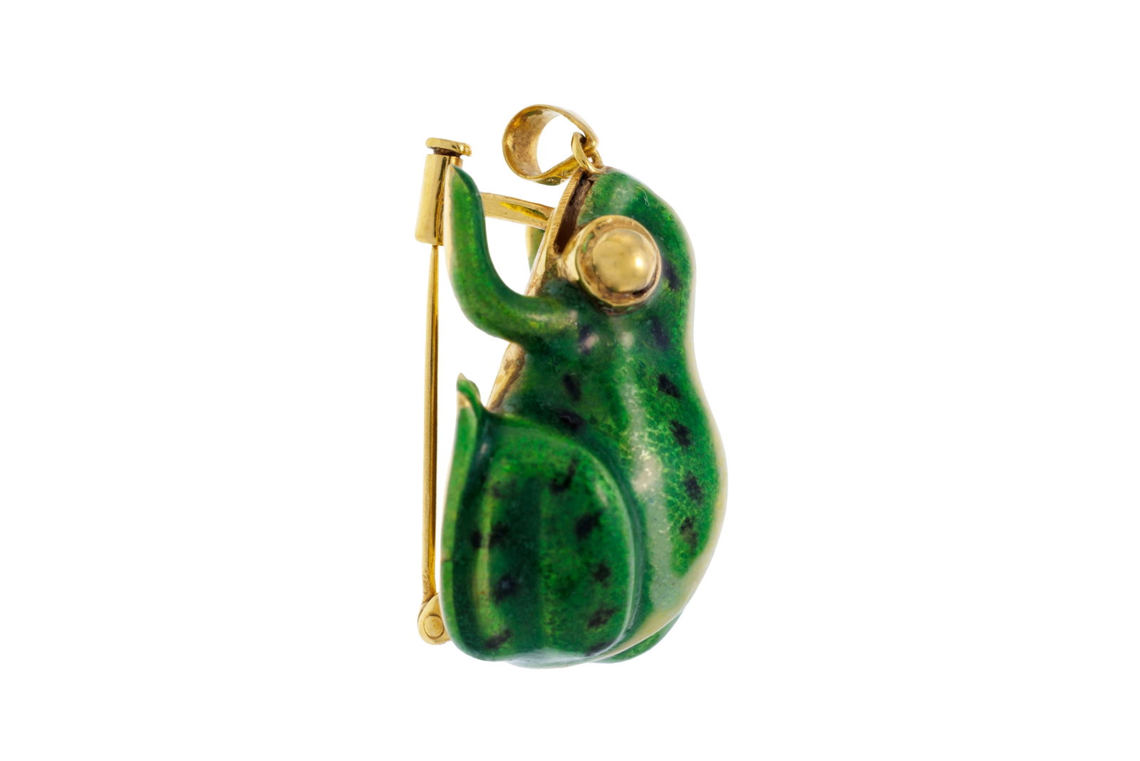 Pendentif-broche grenouille or 750 et émail polychrome au naturel, h. 2.8 cm, 7g - 2