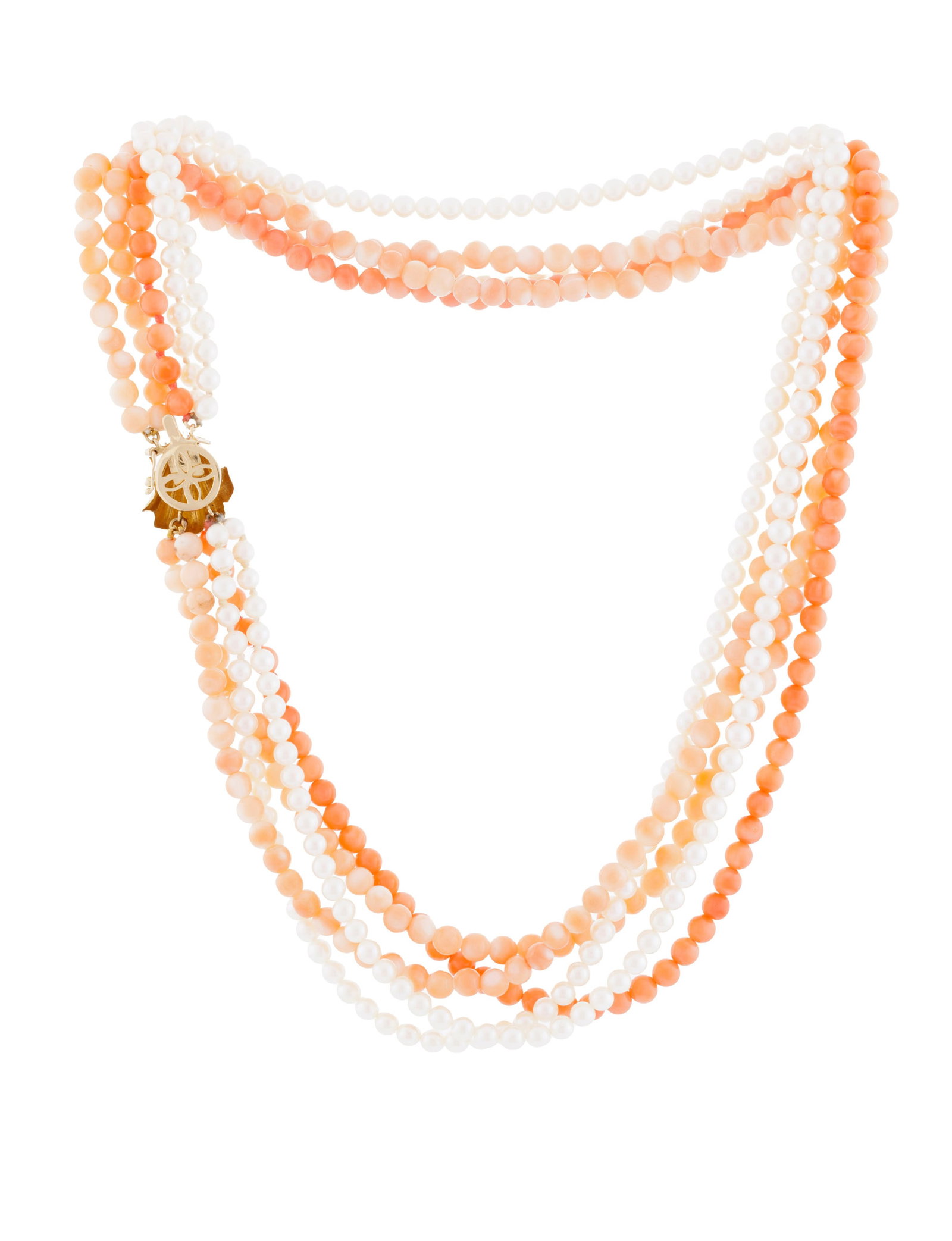 Collier composé de 5 rangs, 3 de billes de corail et 2 de perles de culture, fermoir en or 585  - 3