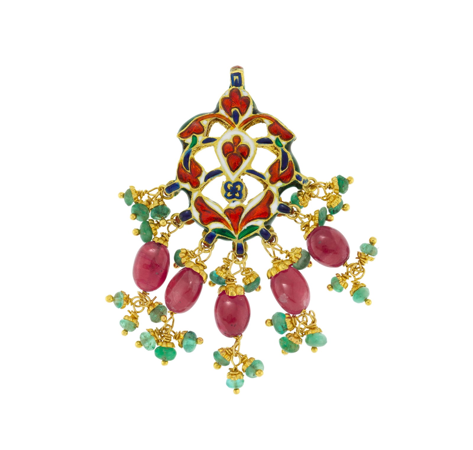 Pendentif, Inde, Rajasthan, XXe s., or fourré serti kundan de diamants facettés retenant d: Pendentif, Inde, Rajasthan, XXe s., or fourré serti kundan de diamants facettés retenant des rubis et émeraudes en pampilles, l'arrière émaillé en polychromie, h. 4.4 cm