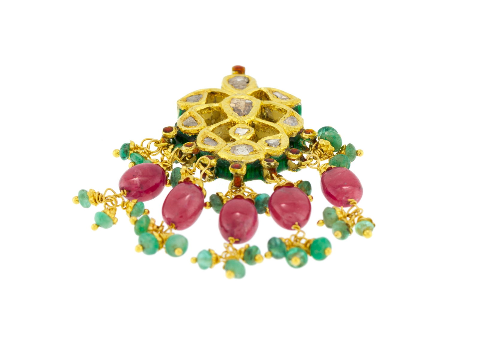 Pendentif, Inde, Rajasthan, XXe s., or fourré serti kundan de diamants facettés retenant d - 2
