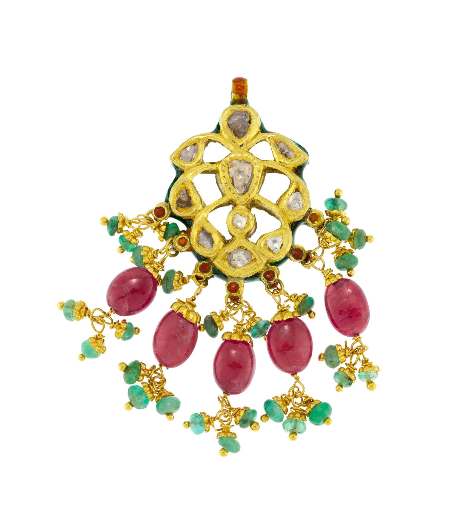 Pendentif, Inde, Rajasthan, XXe s., or fourré serti kundan de diamants facettés retenant d - 3