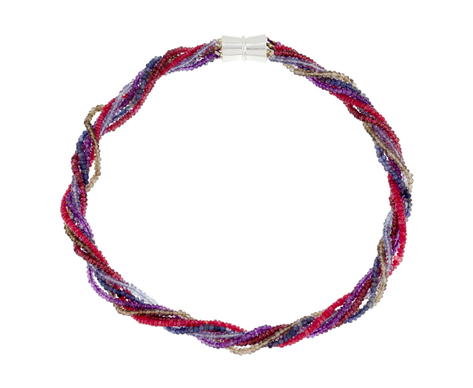 Collier composé de 6 rangs de gemmes de couleur dont des saphirs, grenats, rubis, améthyst: Collier composé de 6 rangs de gemmes de couleur dont des saphirs, grenats, rubis, améthystes et quartz fumé, fermoir aimanté en argent, long. 42 cm