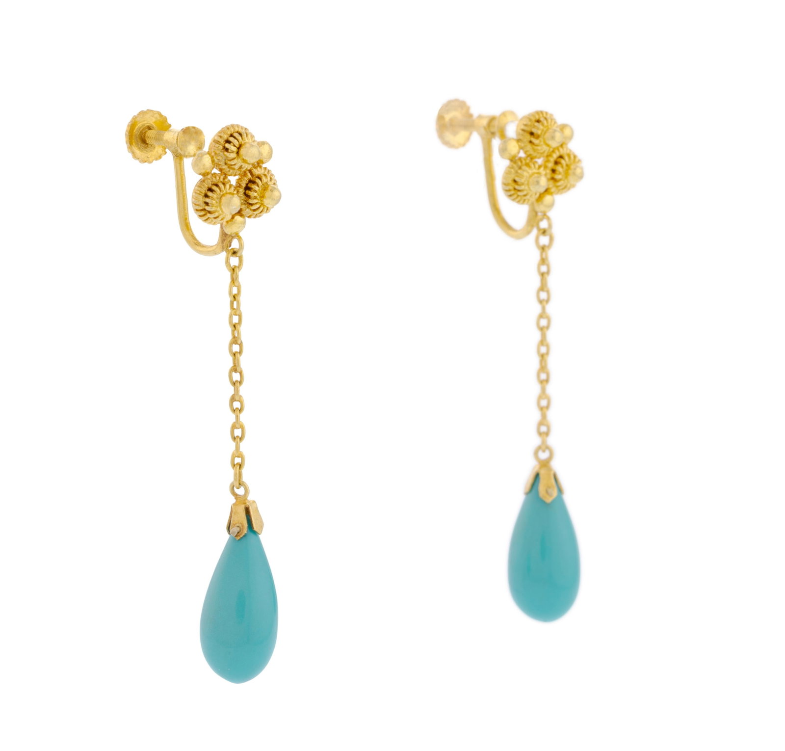 Paire de pendants d'oreilles or 585 granulé et filigrané retenant des gouttes de turquoise - 2