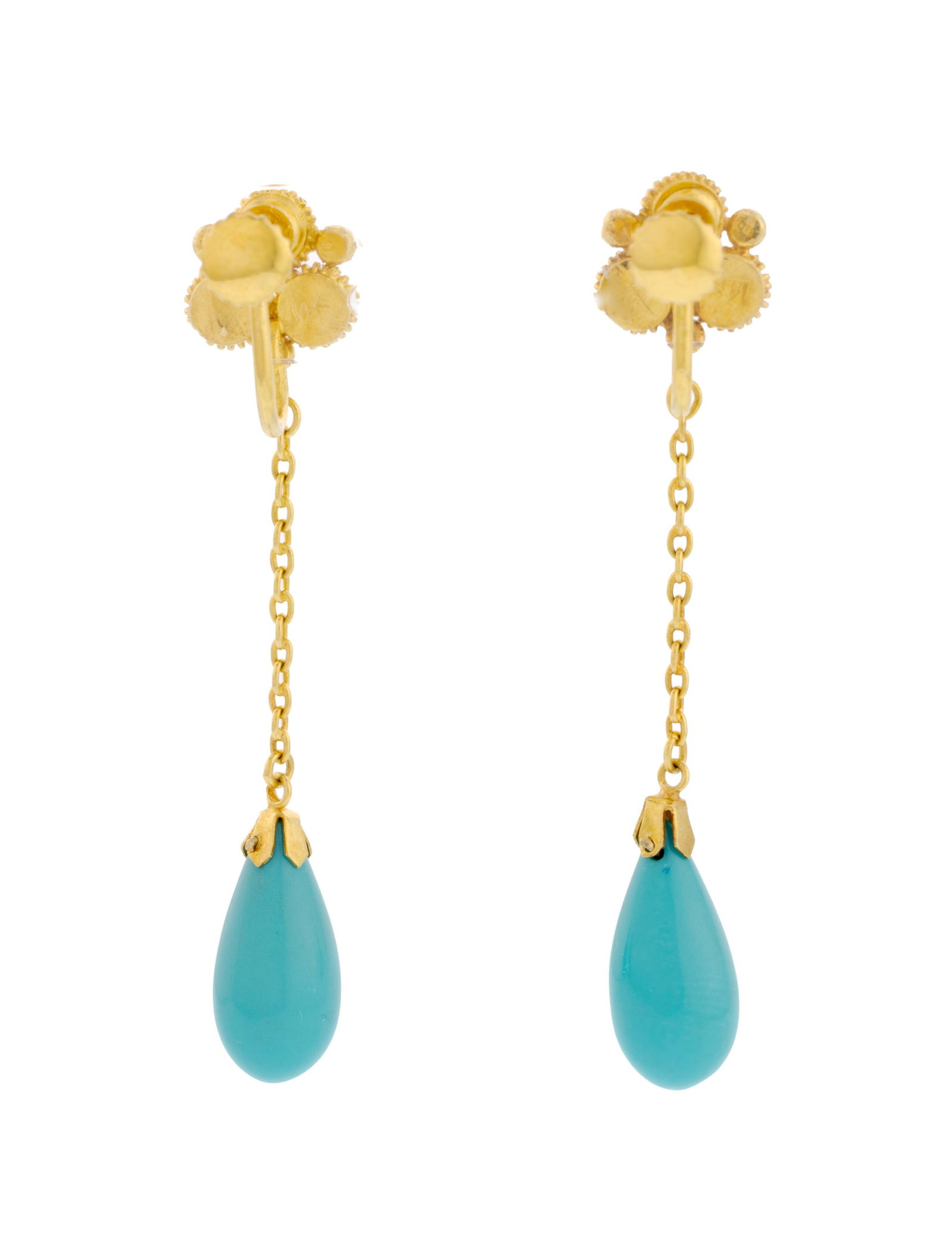 Paire de pendants d'oreilles or 585 granulé et filigrané retenant des gouttes de turquoise - 3