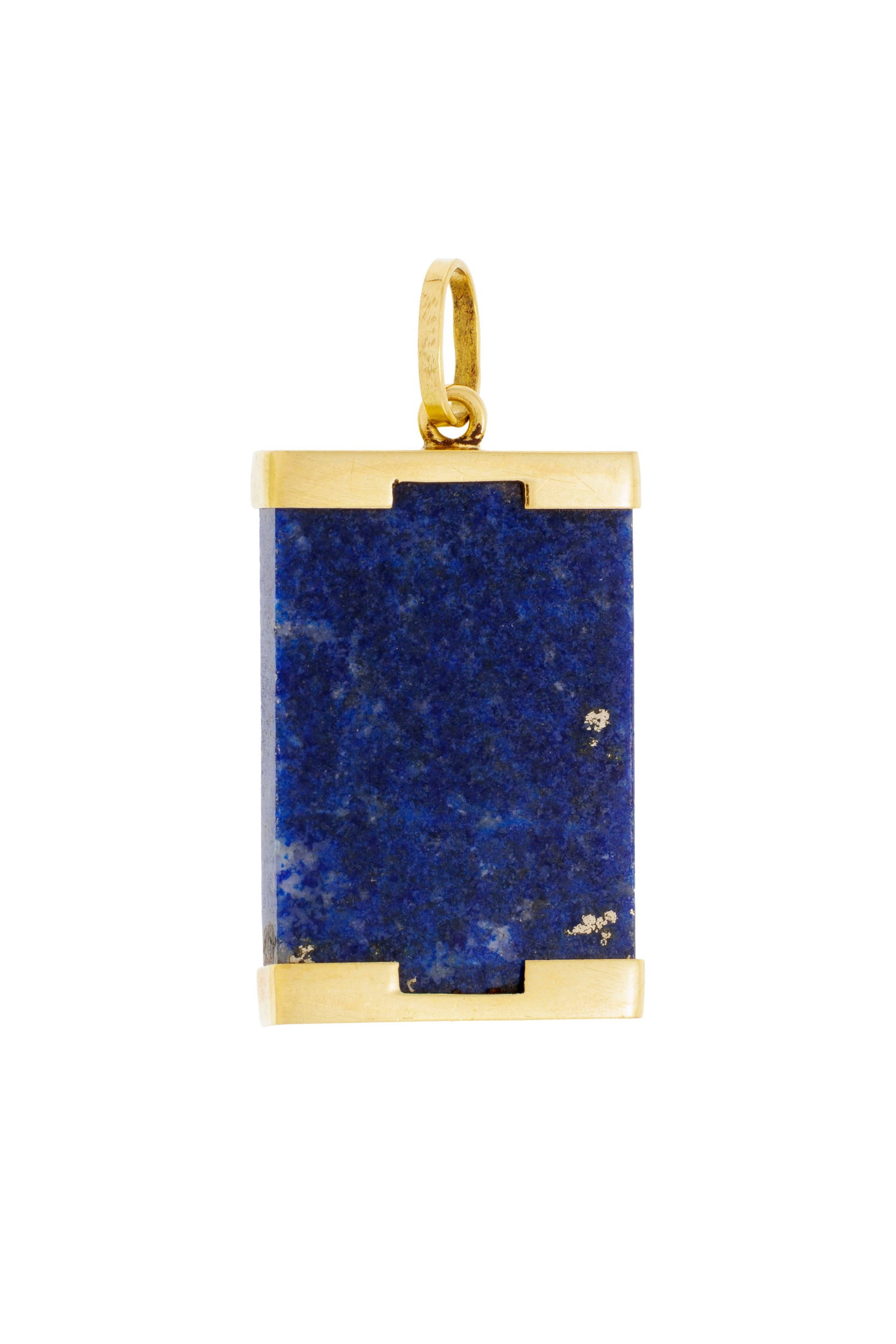 Pendentif or 750 retenant une plaque de lapis-lazuli, h. 4 cm, 8g: Pendentif or 750 retenant une plaque de lapis-lazuli, h. 4 cm, 8g Condition Bon état de conservation général. Présence de nombreuses rayures à l'or et de petites
