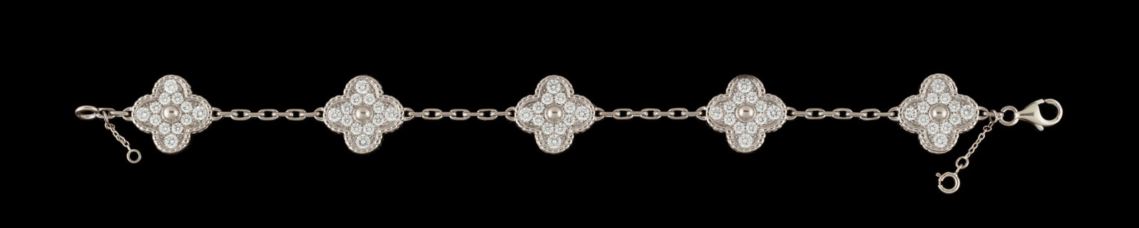 Van Cleef & Arpels, Alhambra, bracelet en or gris 750 orné de 5 motifs sertis de diamants taill: Van Cleef & Arpels, Alhambra, bracelet en or gris 750 orné de 5 motifs sertis de diamants taille brillant, signé, numéroté BL146590, long. 17 cm, boîte Chez Van Cleef & Arpels