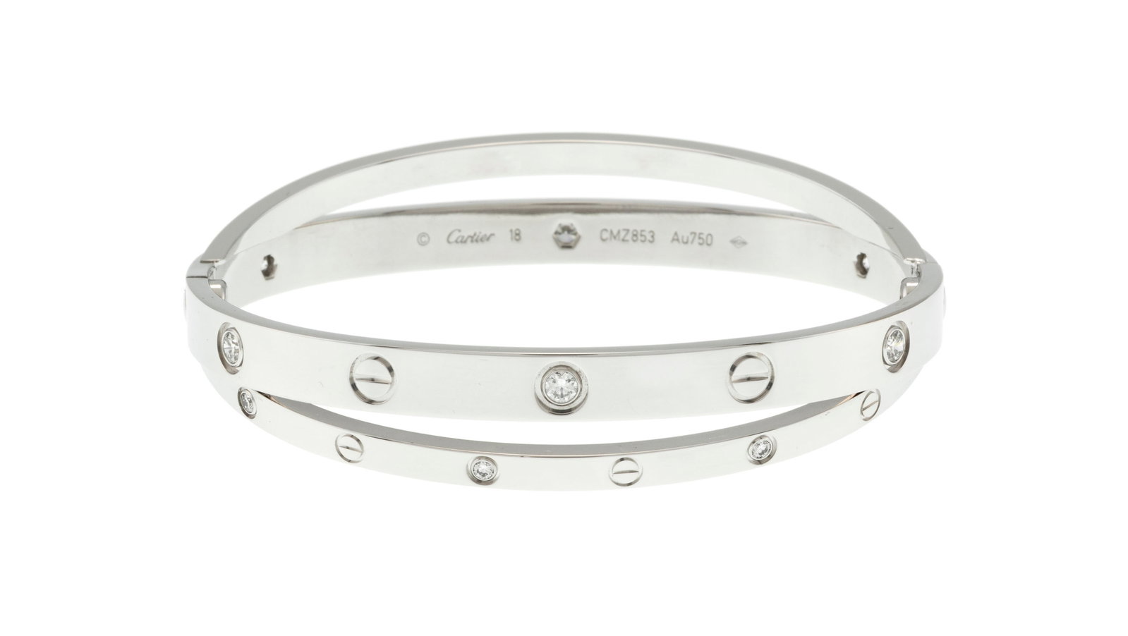 Cartier, Double Love, bracelet or gris 750 formé de deux anneaux rigides sertis de diamants tai: Cartier, Double Love, bracelet or gris 750 formé de deux anneaux rigides sertis de diamants taille brillant, signé, numéroté CMZ853, circ. 18 cm, 53g, boîte et tournevis