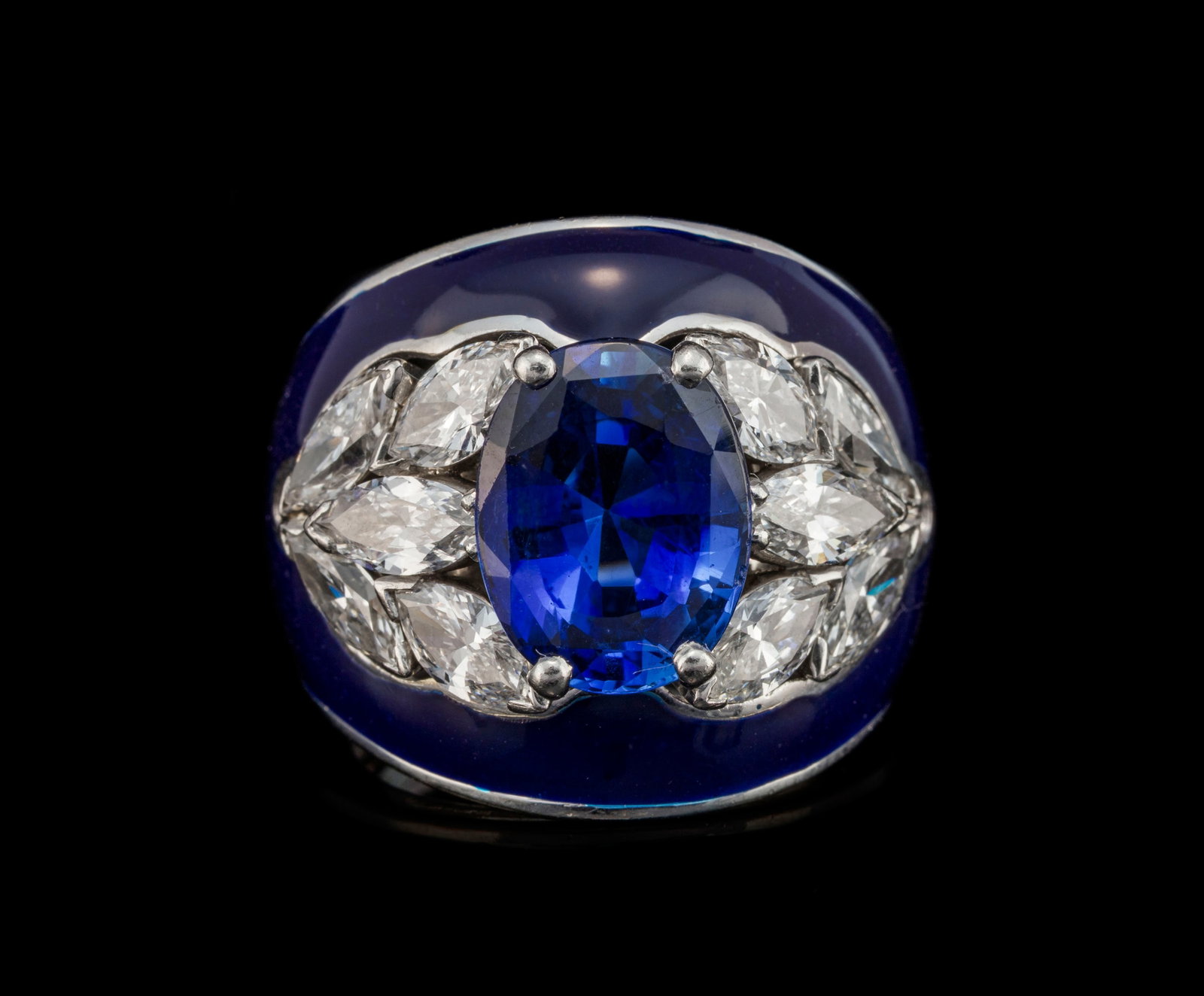 Bague modulable or gris 750 sertie d'un saphir ovale (5 carats) épaulé de diamants taille  (1 of 5)