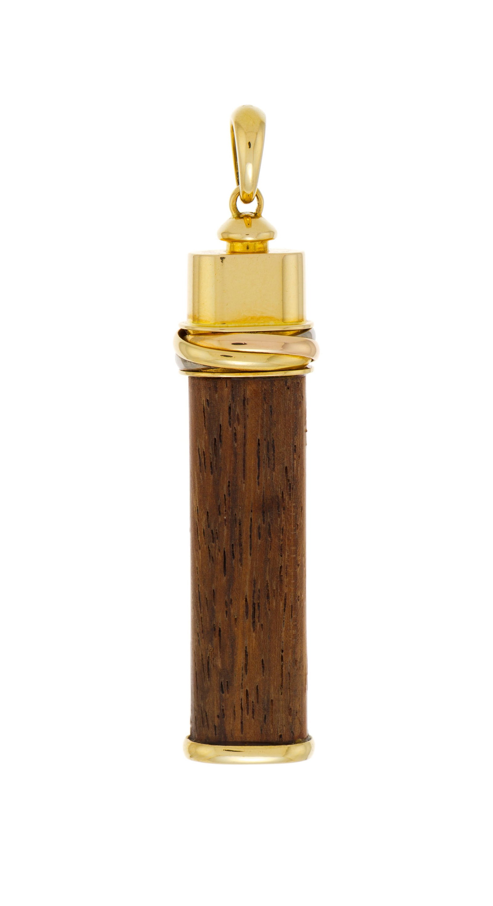 Cartier, Touch Wood, pendentif 3 ors 750 et bois d'amourette, signé, numéroté 126667,: Cartier, Touch Wood, pendentif 3 ors 750 et bois d'amourette, signé, numéroté 126667, h. 6 cm, 7g Condition Bon état de conservation général. Présence de micro